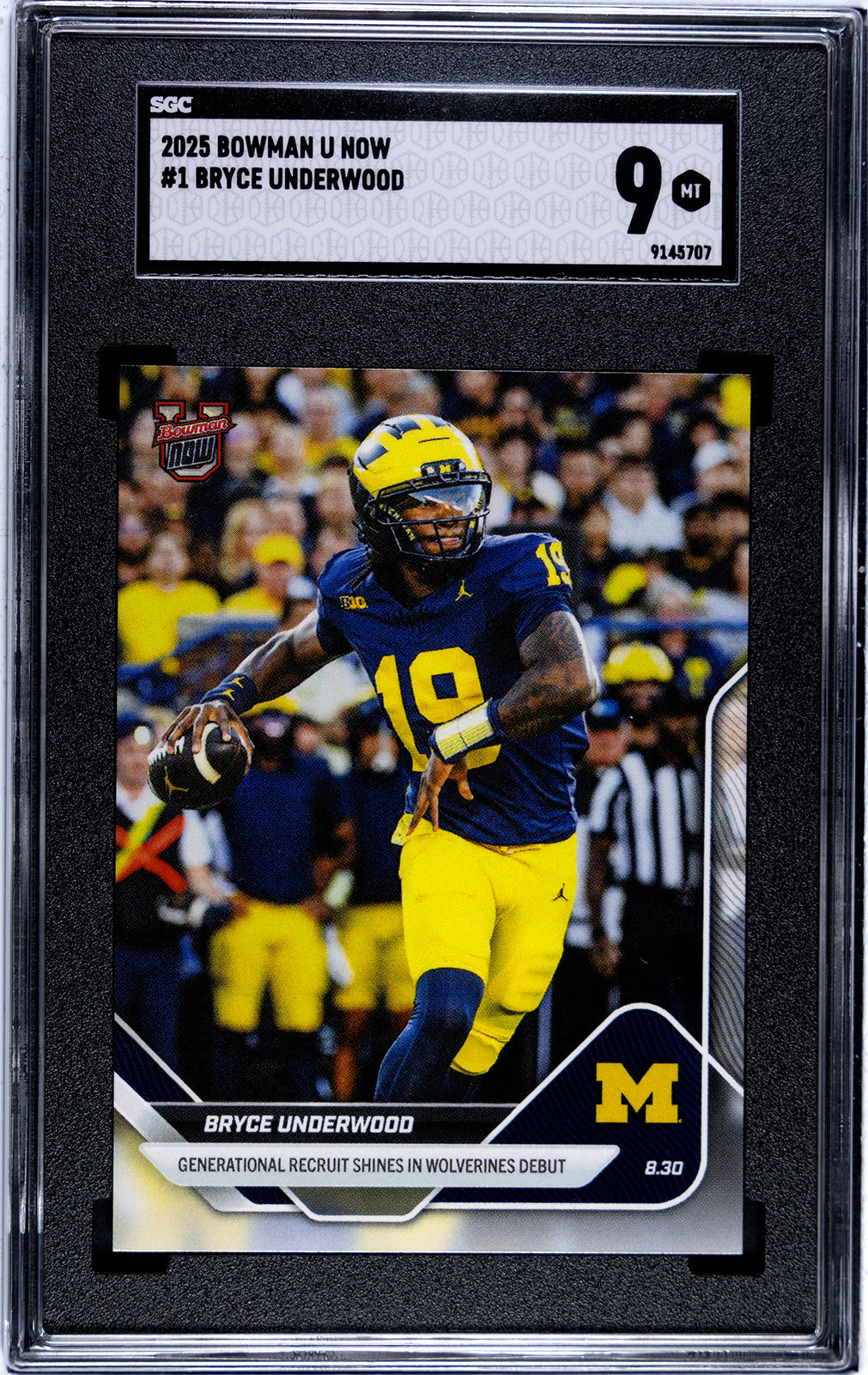 Graded 2025 Topps Bowman U Now Bryce Underwood #1 Generational Recruit Shines in Wolverines Debut Rookie RC Football Card SGC 9 Mint