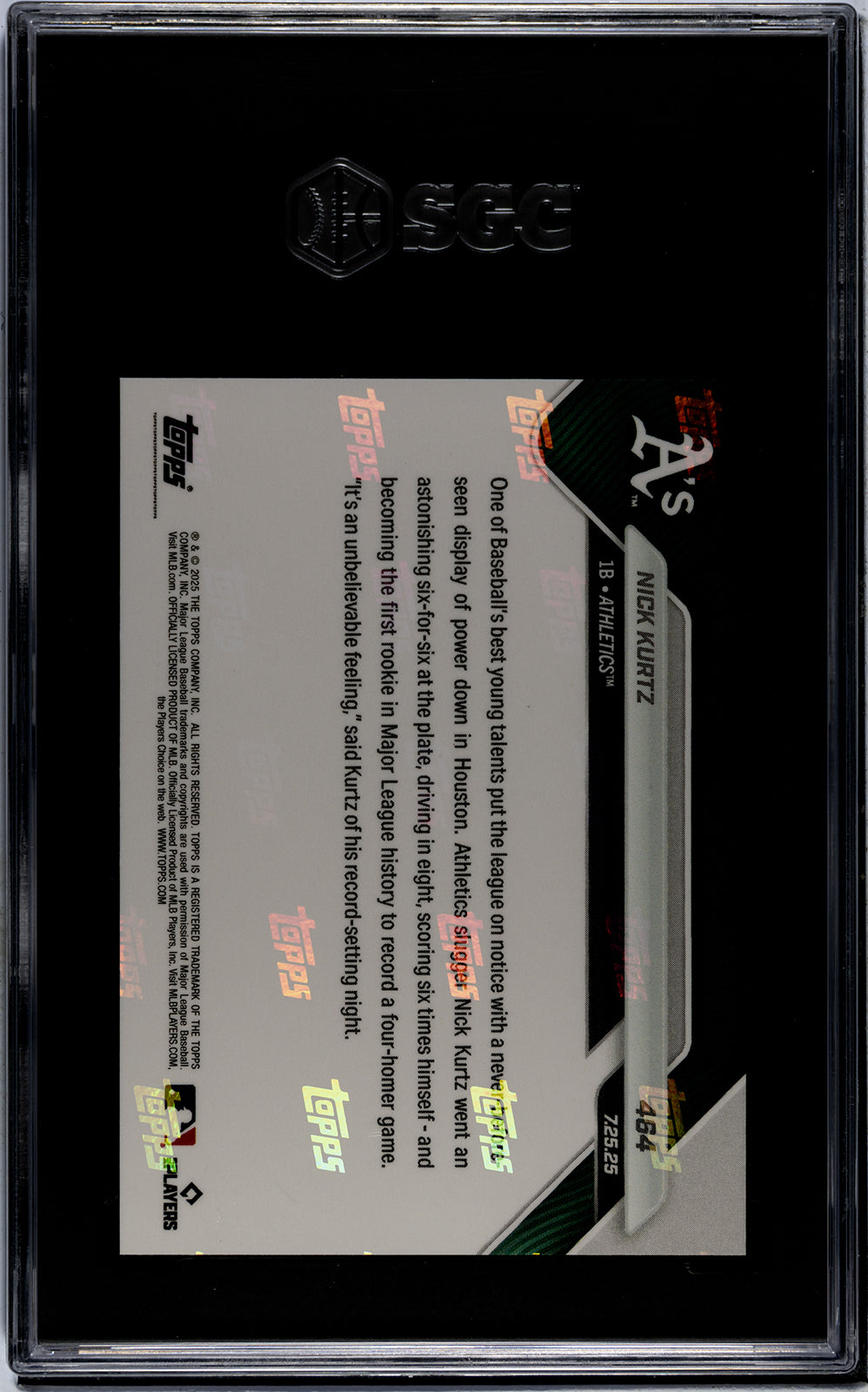 Graded 2025 Topps Now Nick Kurtz #464 1st Rookie in MLB History With a Four Homer Game Rookie RC Baseball Card SGC 10 Gem Mint
