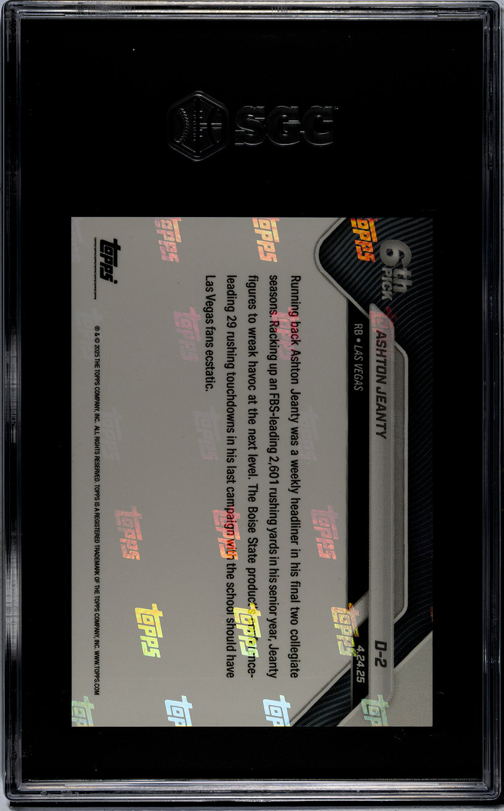 Graded 2025 Topps Now Ashton Jeanty #D2 Record Setting RB Selected 6th Overall Rookie RC Football Card SGC 9 Mint