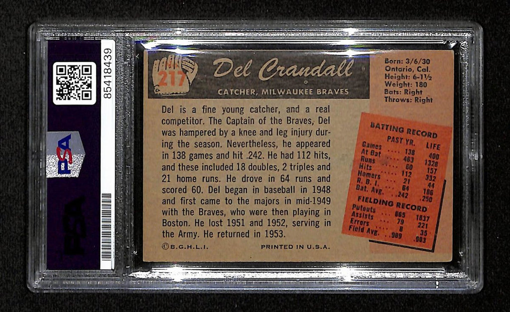 Del Crandall Signed/Auto 1955 Bowman Card #217 Milwaukee Braves PSA/DNA 194826