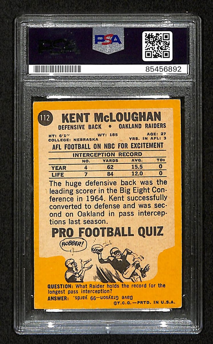Kent McLoughan Signed/Auto 1967 Topps Card #112 Oakland Raiders PSA/DNA 195078