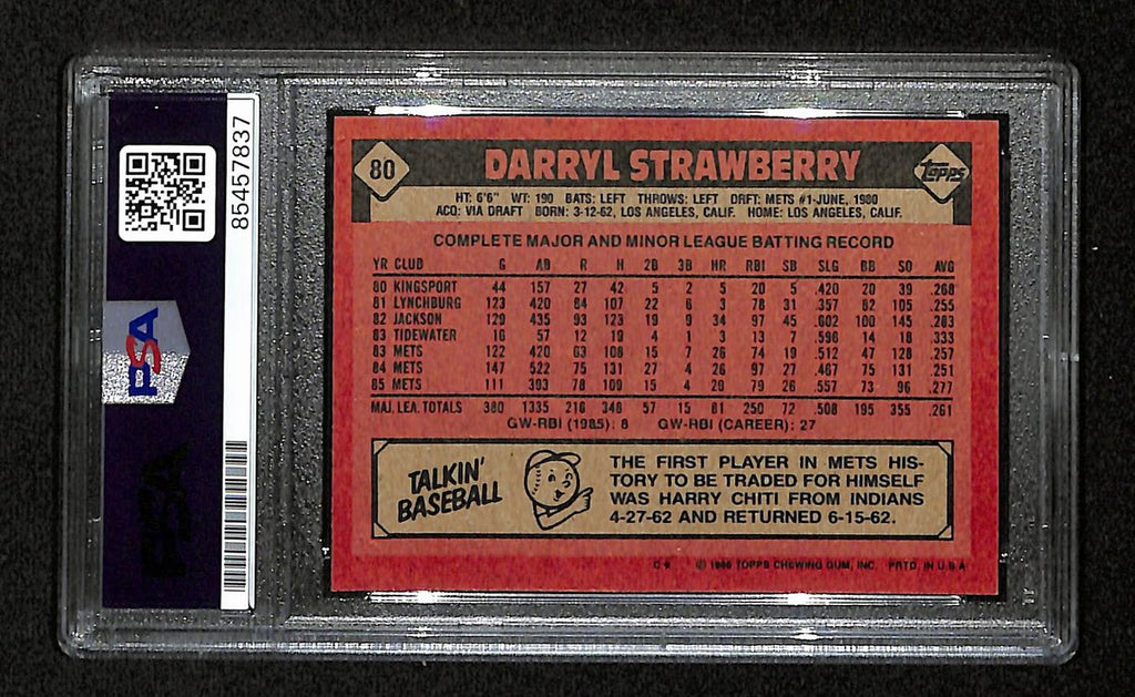 Darryl Strawberry Signed/Inscr 1986 Topps Card #80 New York Mets PSA/DNA 194799