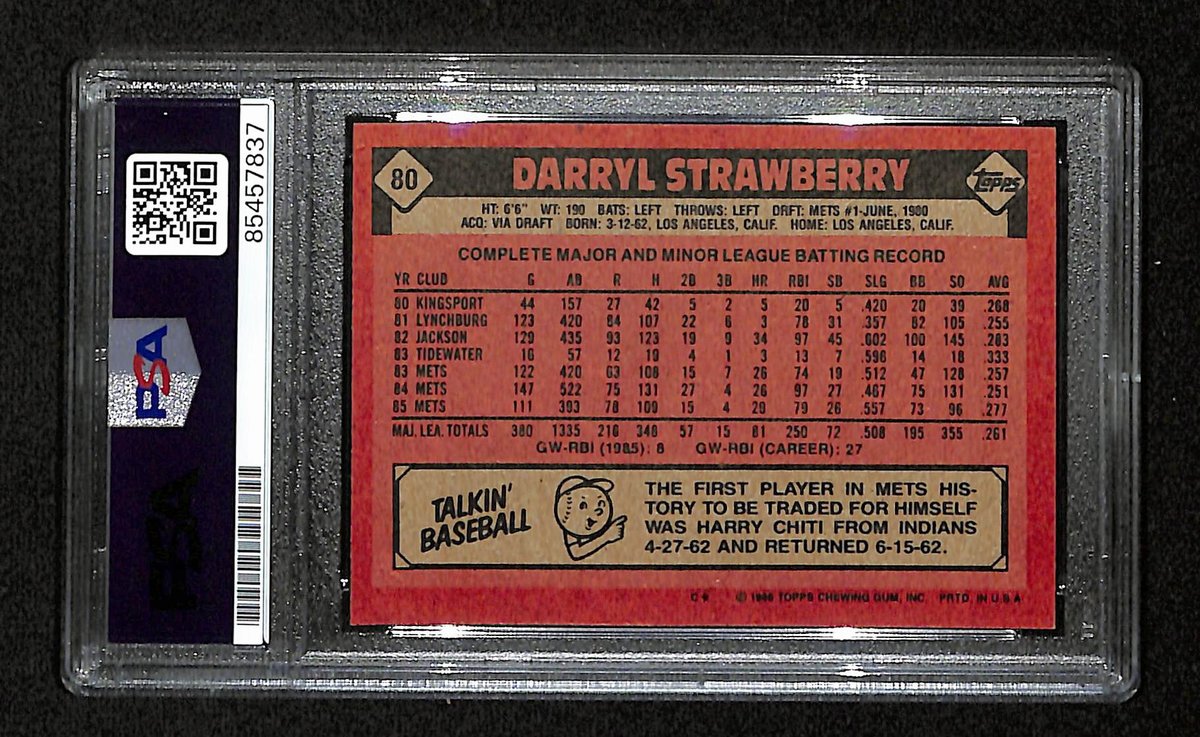 Darryl Strawberry Signed/Inscr 1986 Topps Card #80 New York Mets PSA/DNA 194799