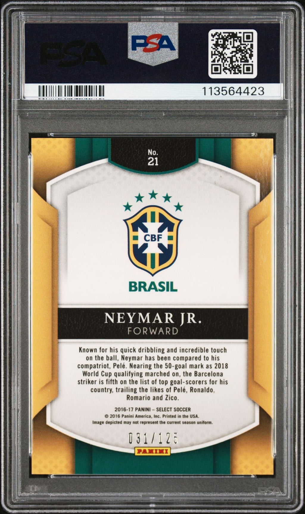 Neymar Jr Signed 2016 Panini Select Neon Yellow Prizm /125 - PSA 9 AUTO 10