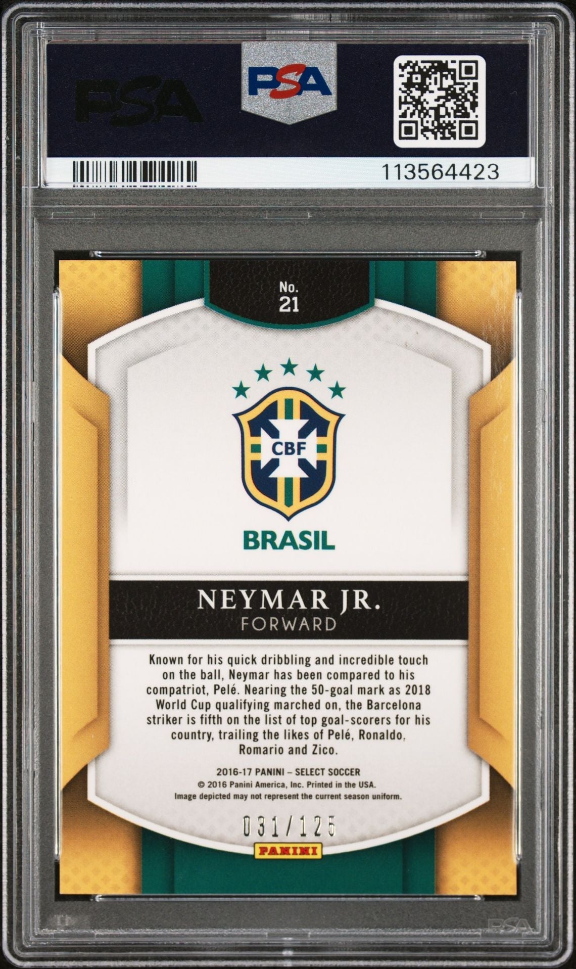 Neymar Jr Signed 2016 Panini Select Neon Yellow Prizm /125 - PSA 9 AUTO 10