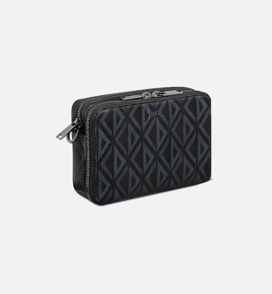 Christian Dior Zipped Pouch with Strap Black Coated Cotton Canvas with CD Diamond Print