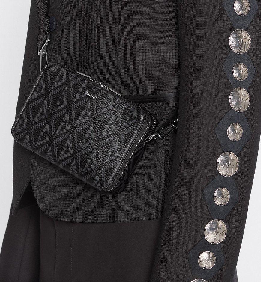 Christian Dior Zipped Pouch with Strap Black Coated Cotton Canvas with CD Diamond Print