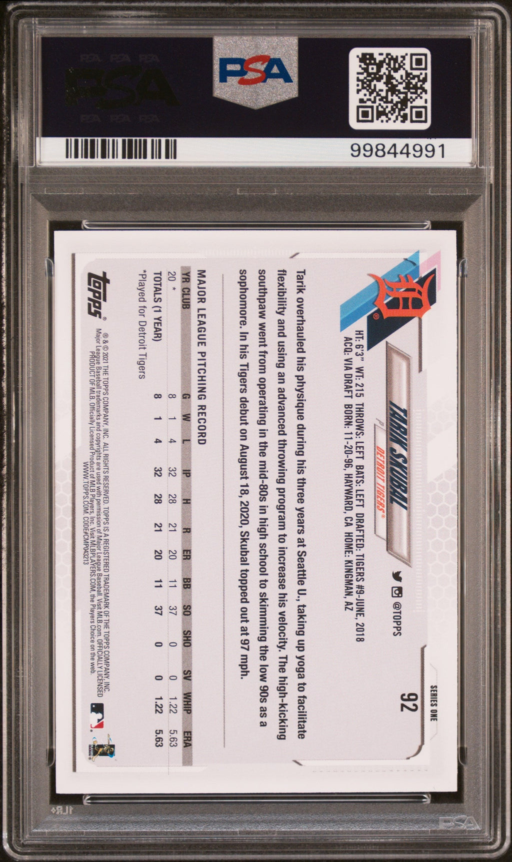 Graded 2021 Topps Tarik Skubal #92 Rookie RC Baseball Card PSA 10 Gem Mint