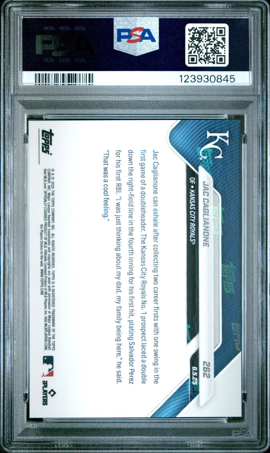 Graded 2025 Topps Now Jac Caglianone #262 Rookie RC Baseball Card PSA 10 Gem Mint
