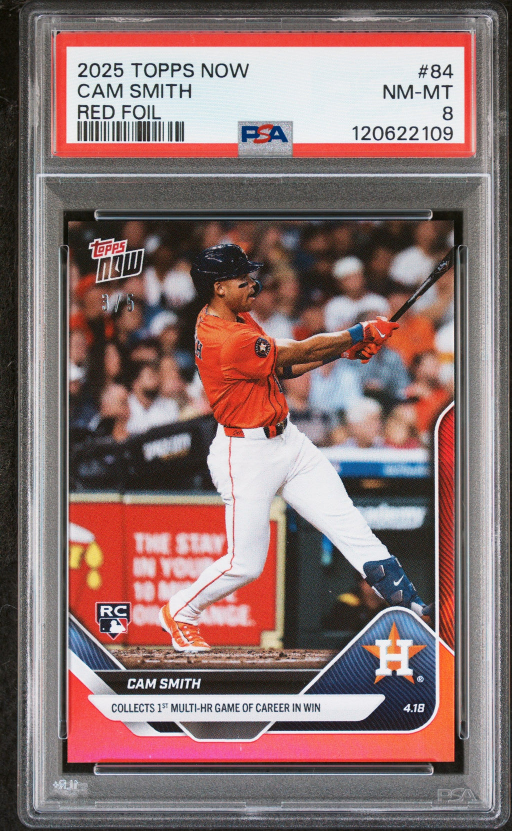Graded 2025 Topps Now Cam Smith #84 Red Foil /5 Rookie RC Baseball Card PSA 8 Near Mint