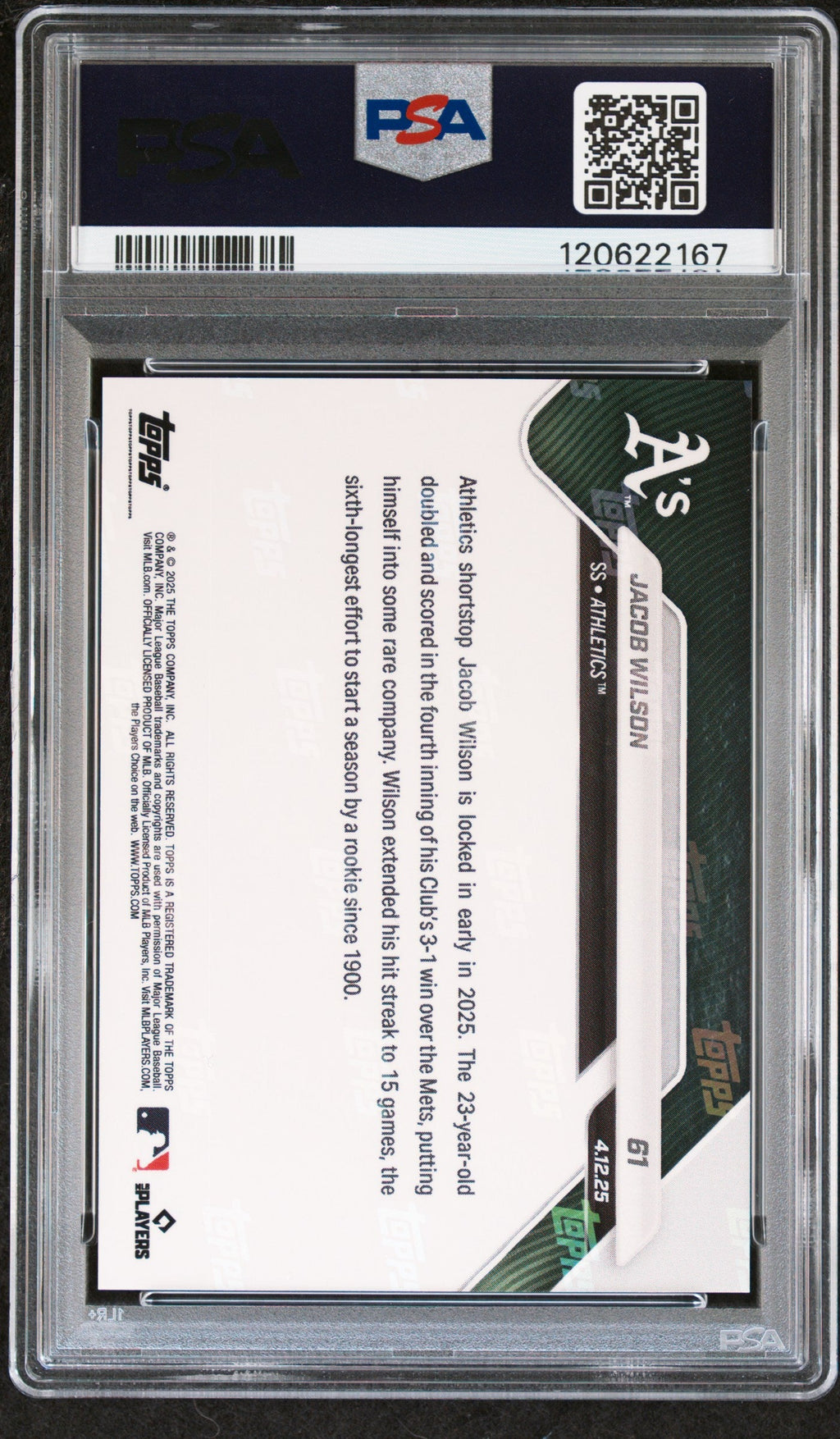 Graded 2025 Topps Now Jacob Wilson #61 Black Foil /10 Rookie RC Baseball Card PSA 9 Mint