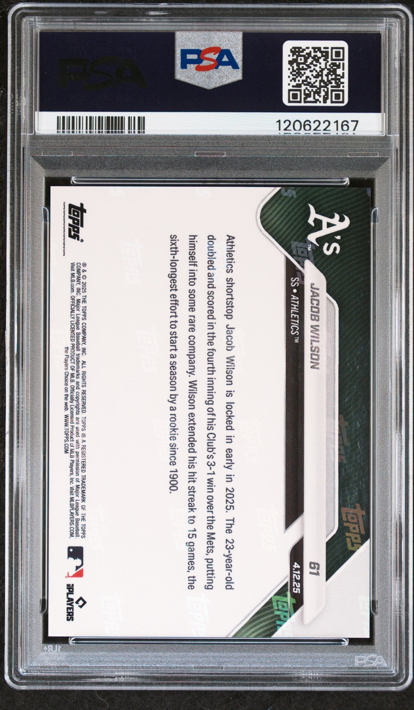 Graded 2025 Topps Now Jacob Wilson #61 Black Foil /10 Rookie RC Baseball Card PSA 9 Mint