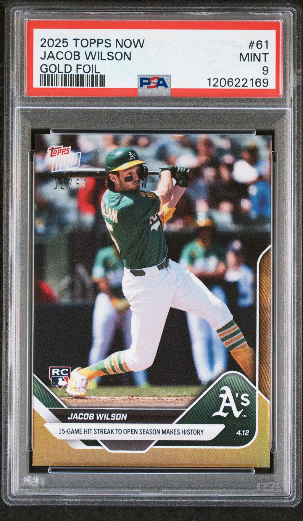 Graded 2025 Topps Now Jacob Wilson #61 Gold Foil /50 Rookie RC Baseball Card PSA 9 Mint