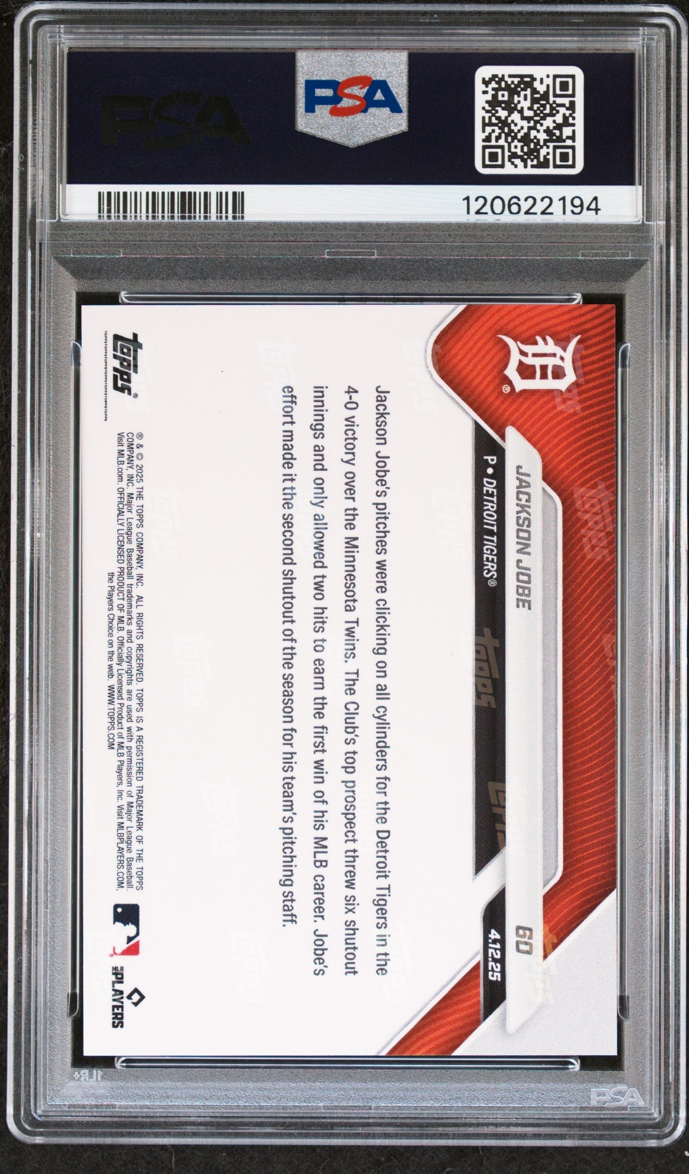 Graded 2025 Topps Now Jackson Jobe #60 Rookie RC Baseball Card PSA 10 Gem Mint