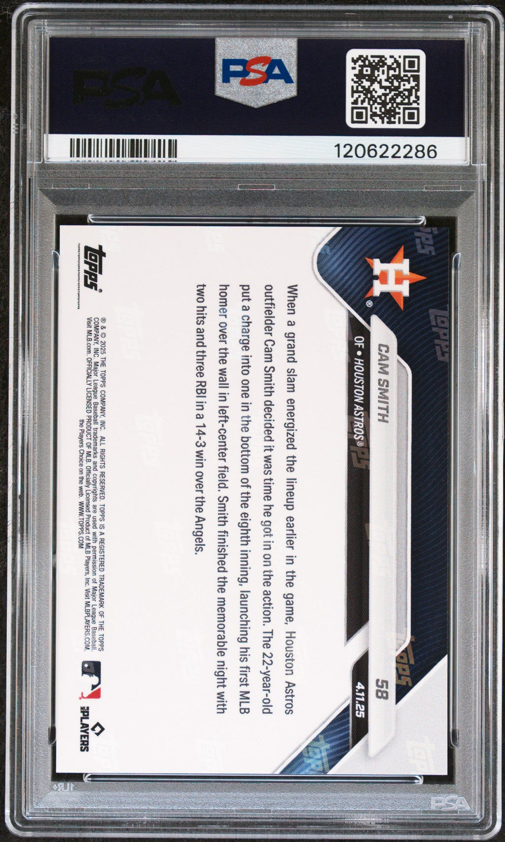 Graded 2025 Topps Now Cam Smith #58 Rookie RC Baseball Card PSA 9 Mint