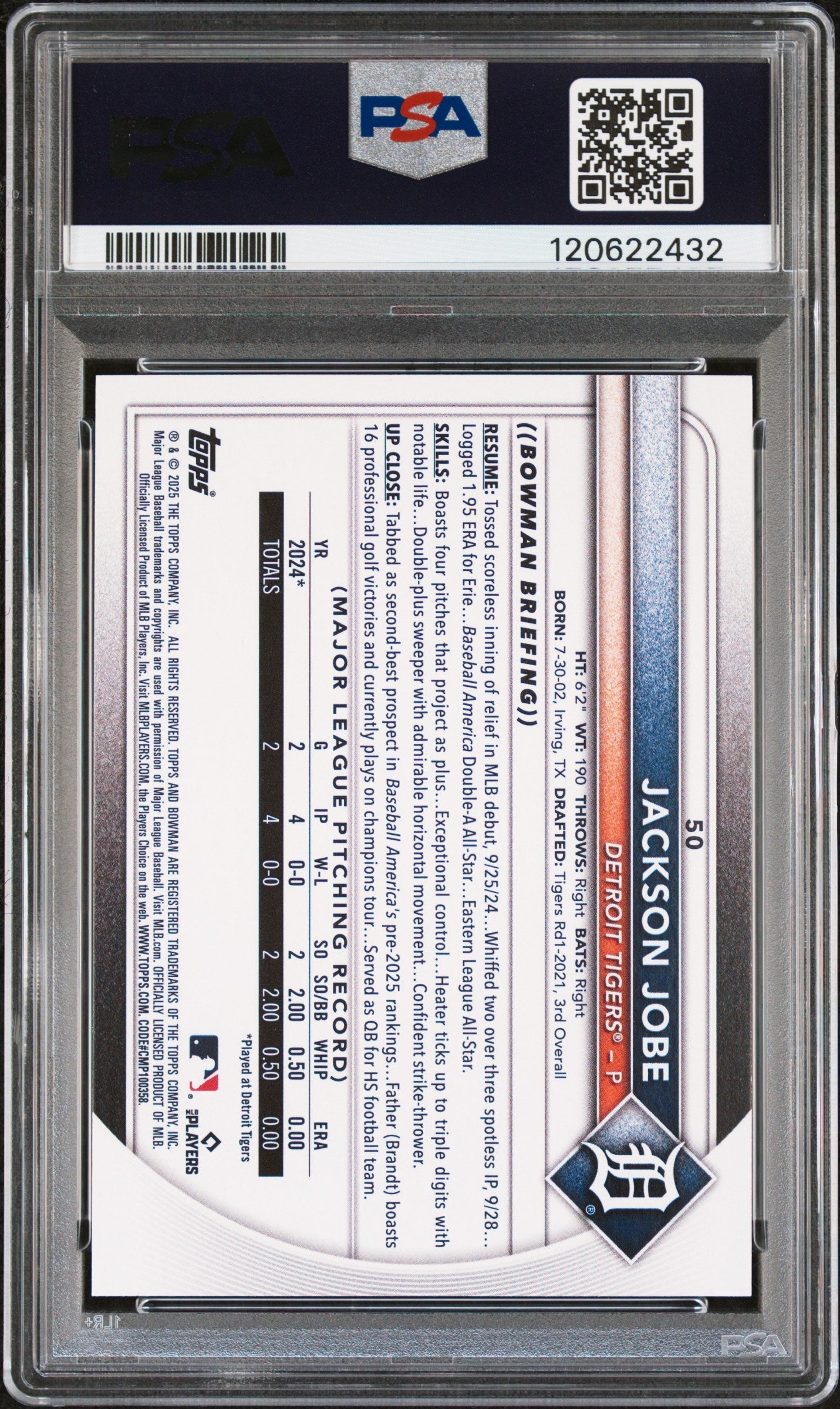Graded 2025 Topps Bowman Jackson Jobe #50 Rookie RC Baseball Card PSA 10 Gem Mint