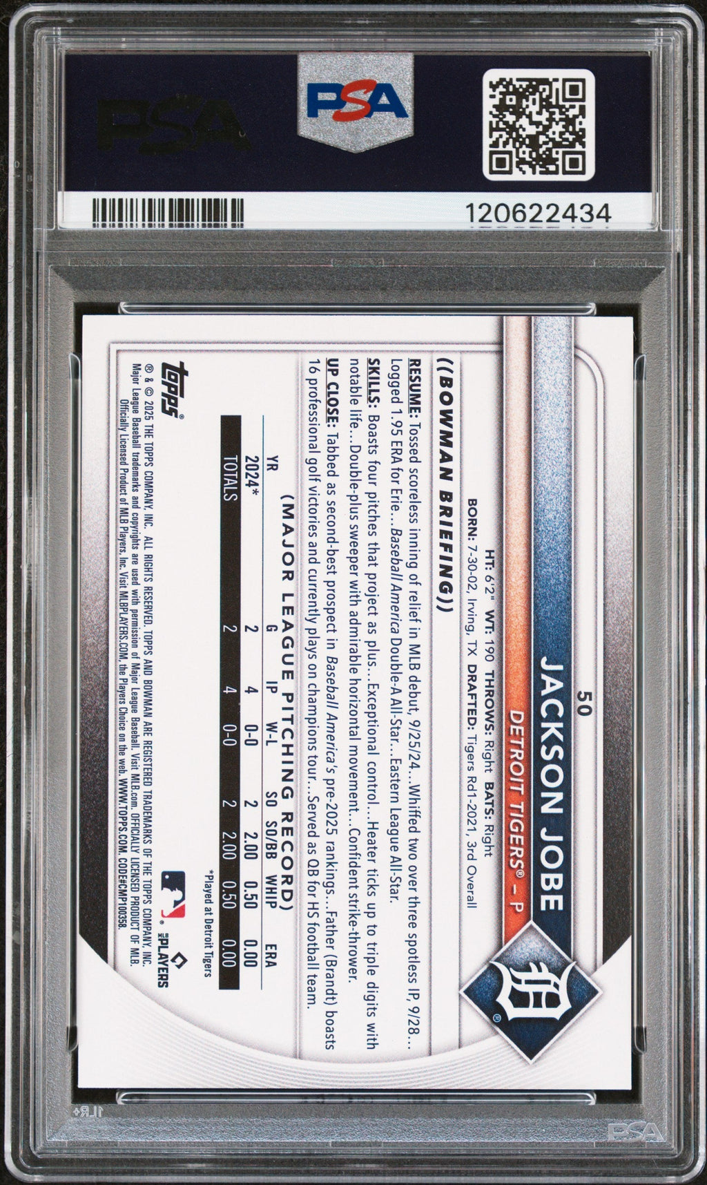 Graded 2025 Topps Bowman Jackson Jobe #50 Rookie RC Baseball Card PSA 8 Near Mint
