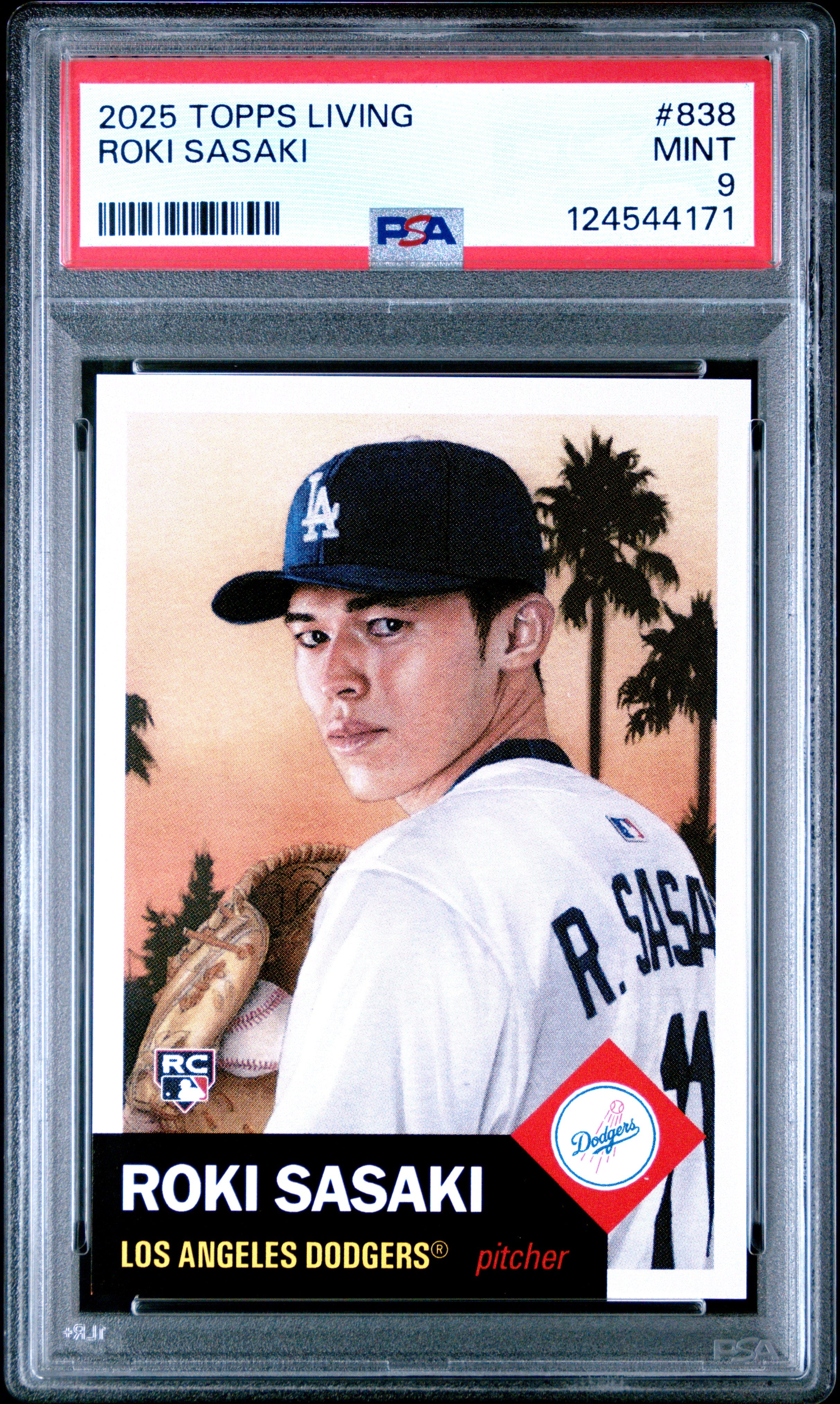 Graded 2025 Topps Living Roki Sasaki #838 Rookie RC Baseball Card PSA 9 Mint