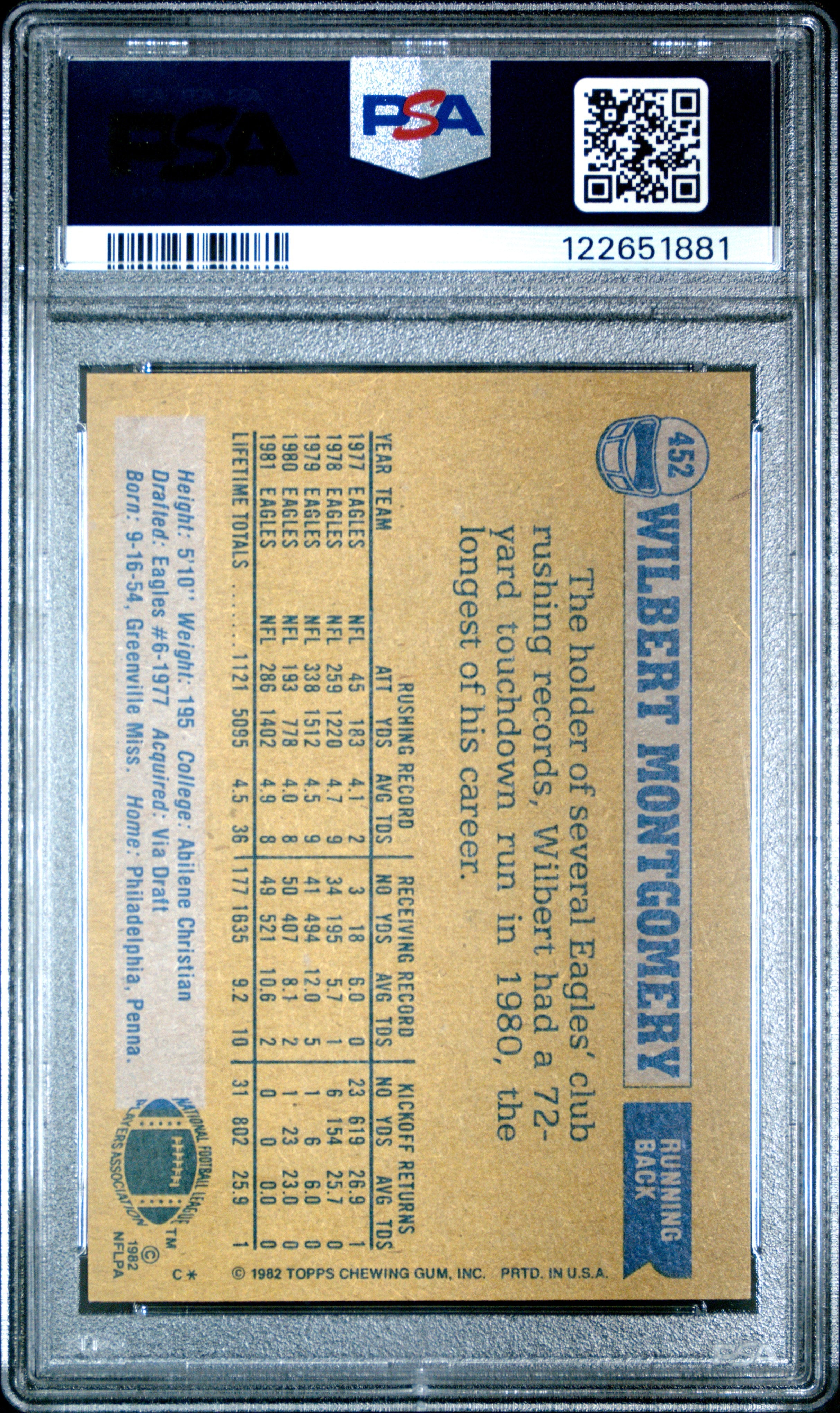 Graded 1982 Topps Wilbert Montgomery #452 Football Card PSA 8 Near Mint