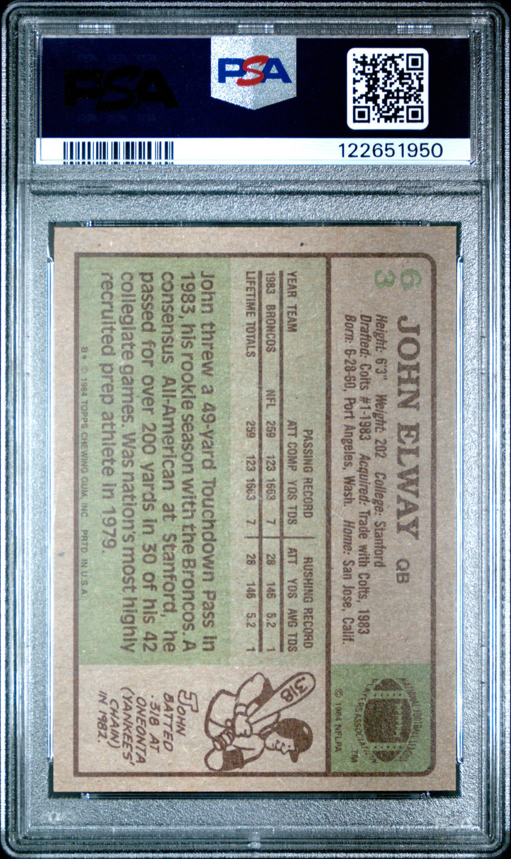 Graded 1984 Topps John Elway #63 Rookie RC Football Card PSA 6 Excellent