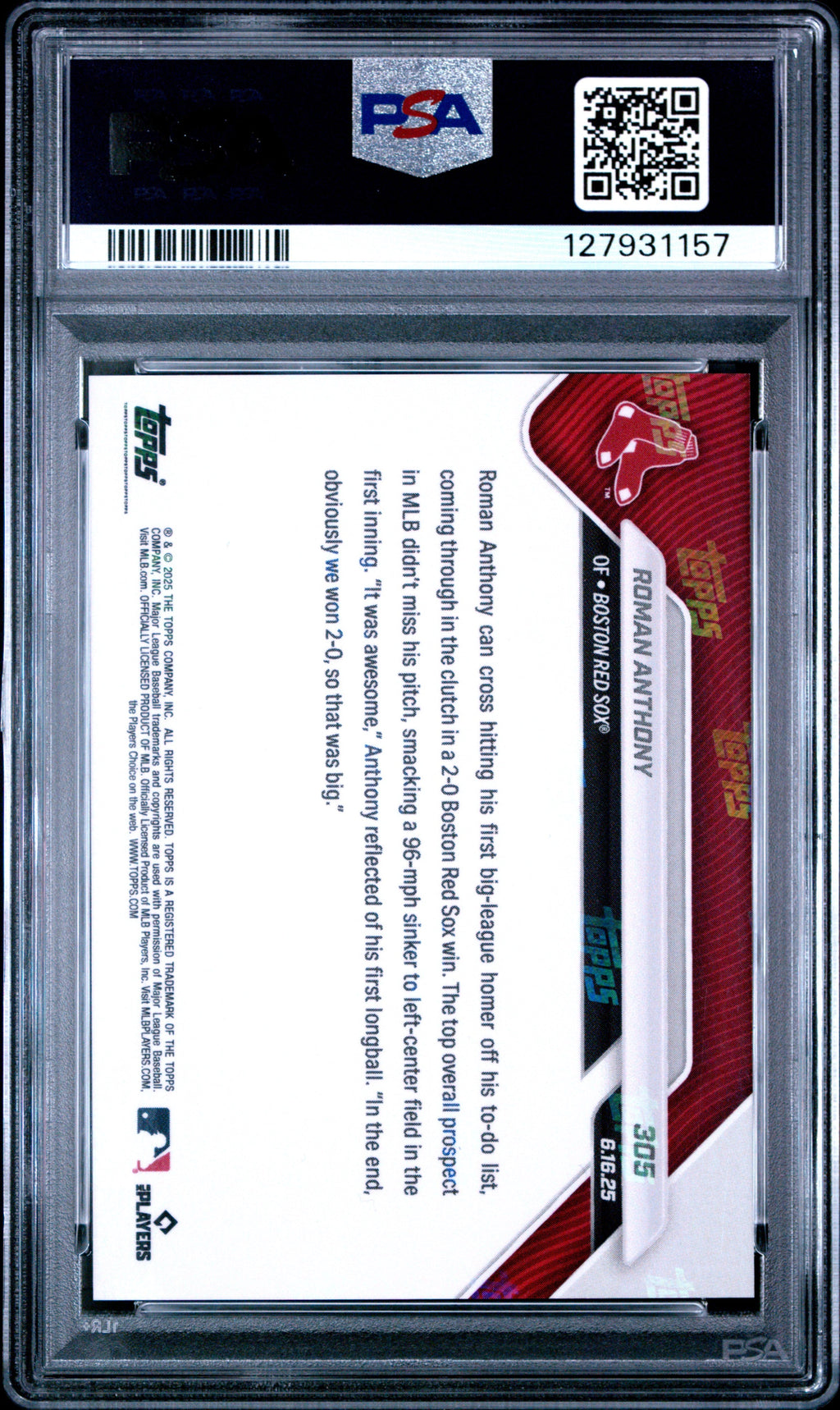 Graded 2025 Topps Now Roman Anthony #305 MLB Number 1 Prospect Slugs 1st Career Home Run Rookie RC Baseball Card PSA 10 Gem Mint