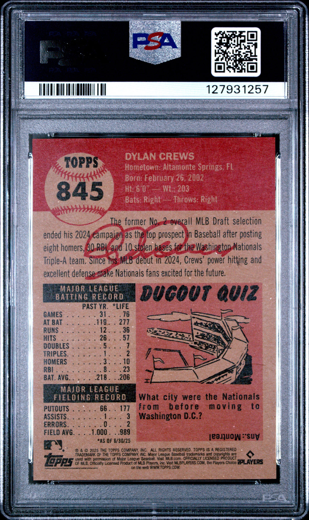 Graded 2025 Topps Living Dylan Crews #845 Rookie RC Baseball Card PSA 10 Gem Mint