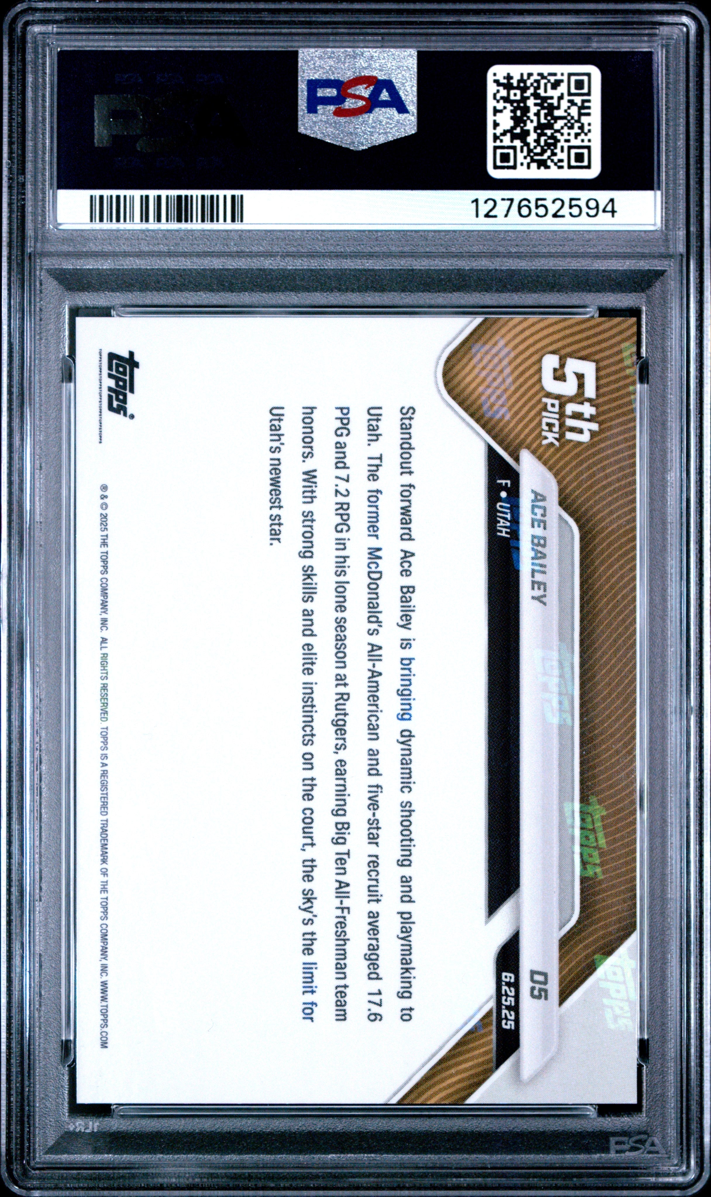 Graded 2025 Topps Now Ace Bailey #D5 Draft Rookie RC Basketball Card PSA 10 Gem Mint