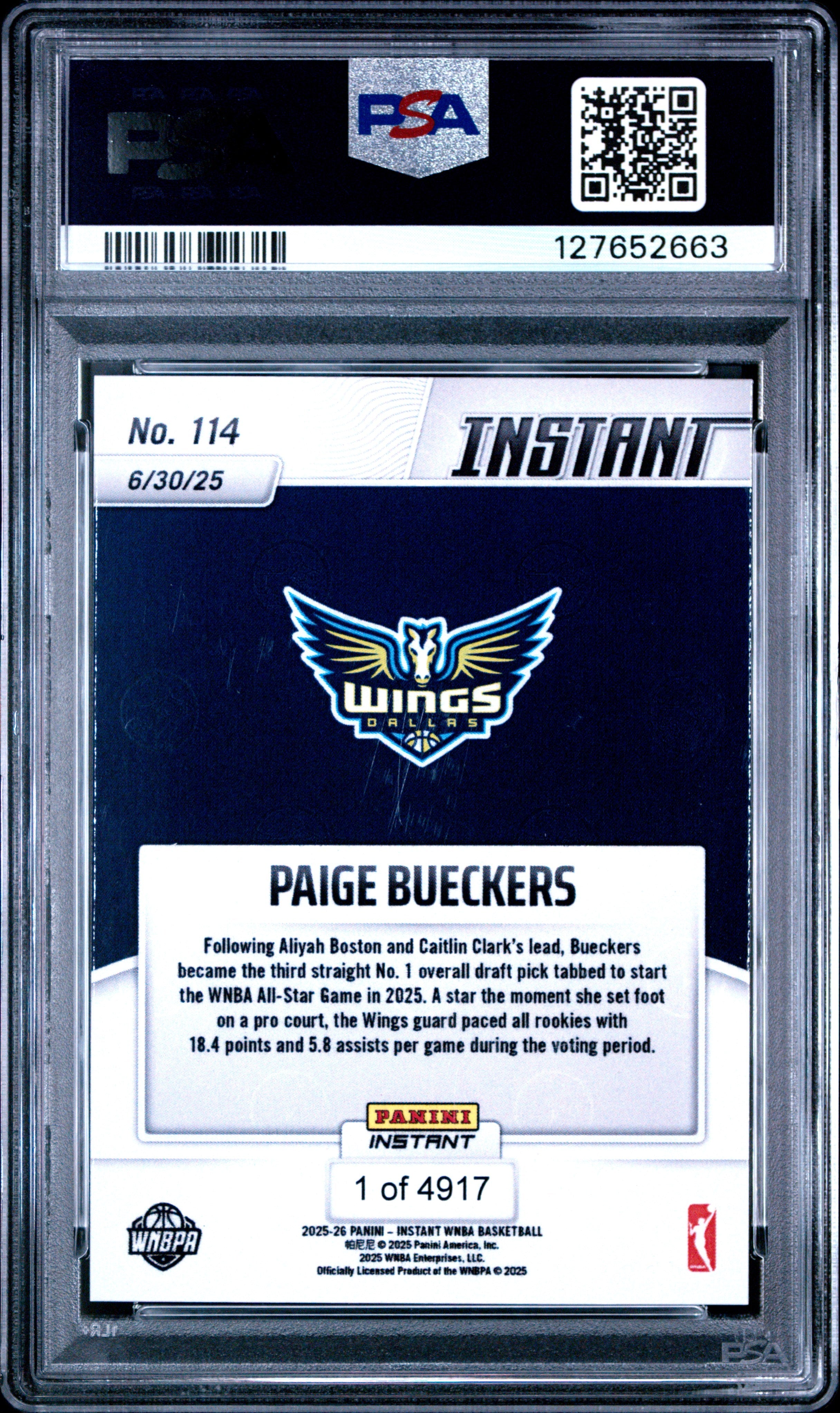 Graded 2025 Panini Instant WNBA Paige Bueckers #114 Rookie RC Basketball Card PSA 10 Gem Mint