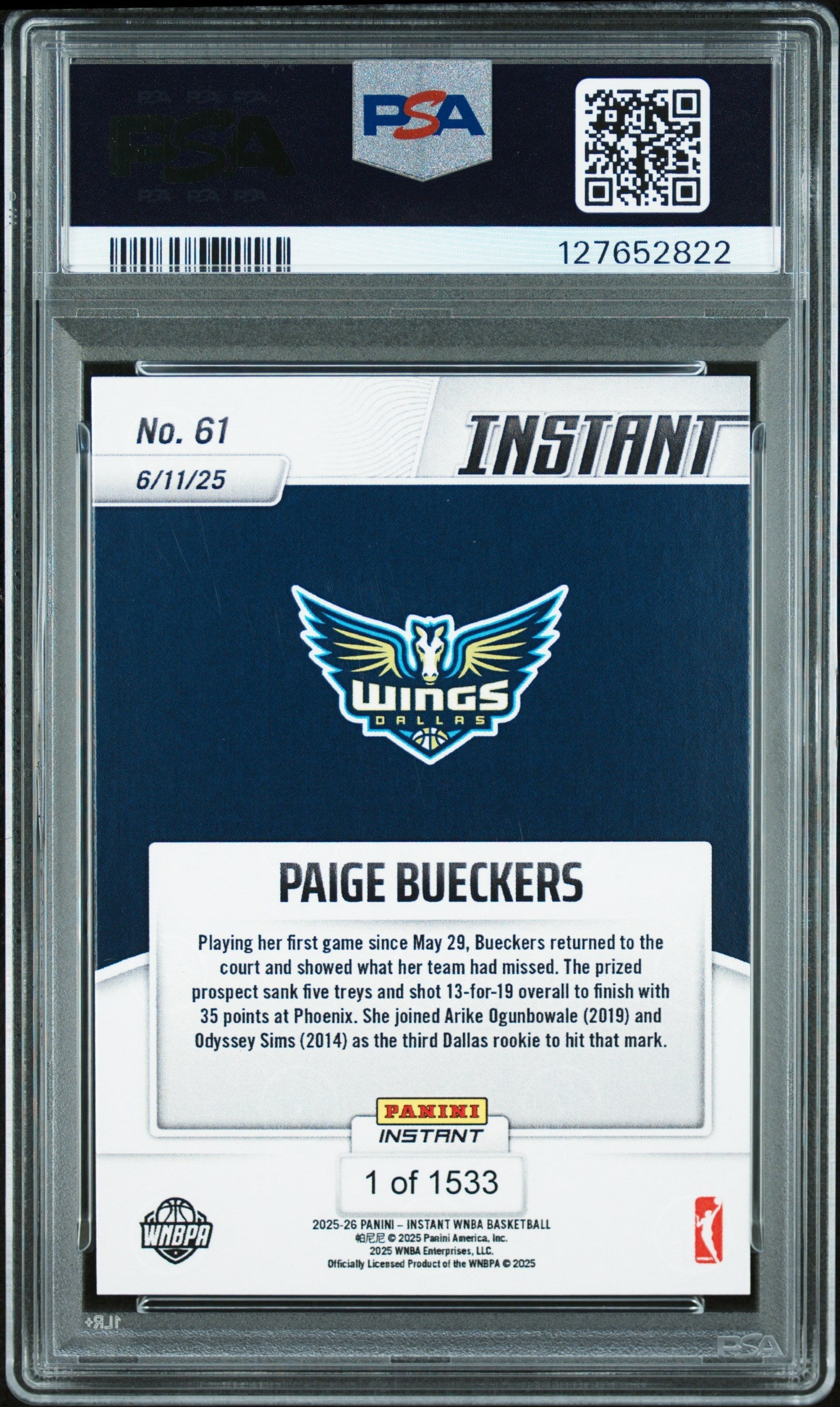 Graded 2025 Panini Instant WNBA Paige Bueckers #61 Rookie RC Basketball Card PSA 10 Gem Mint