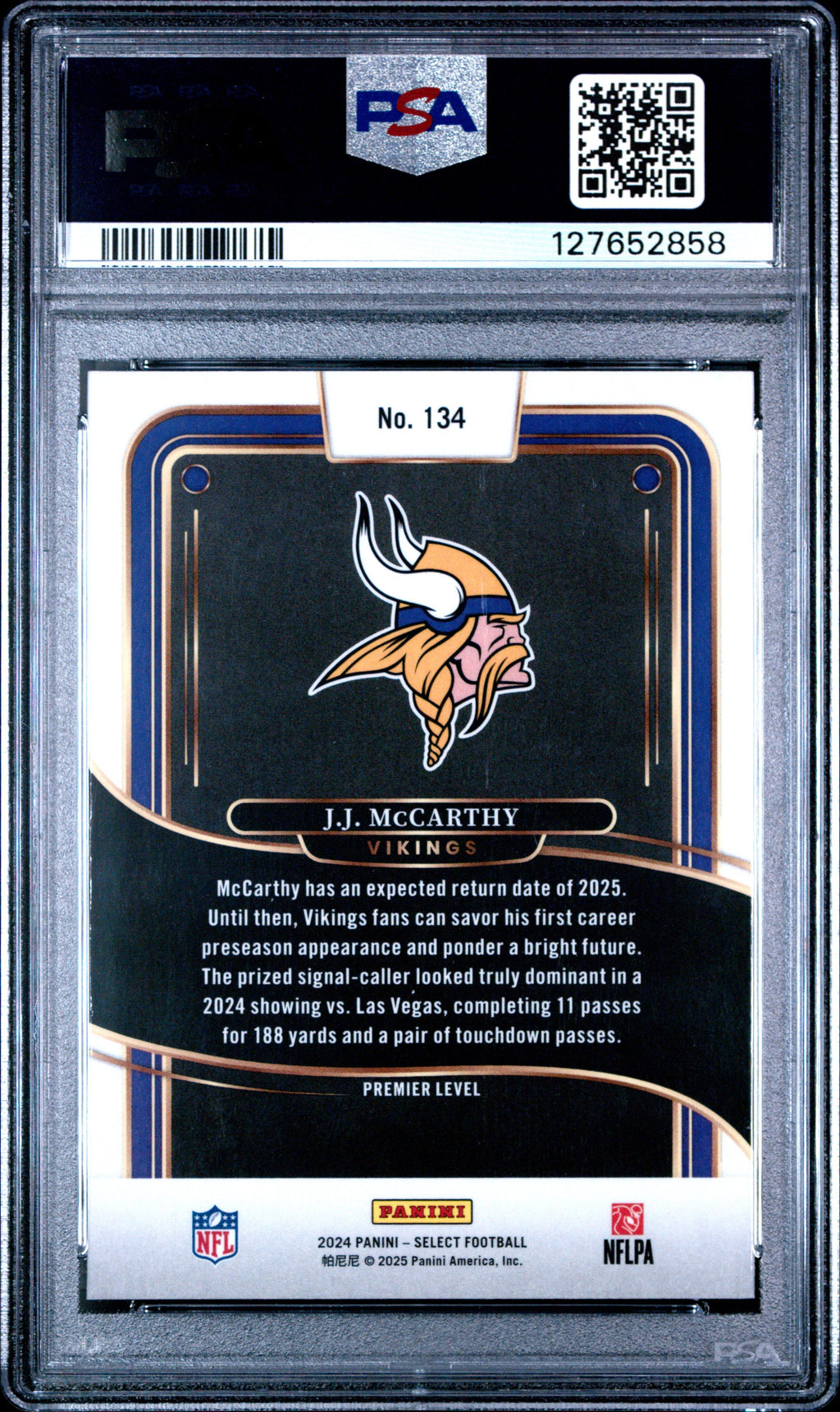 Graded 2024 Panini Select JJ McCarthy #134 Rookie RC Football Card PSA 9 Mint