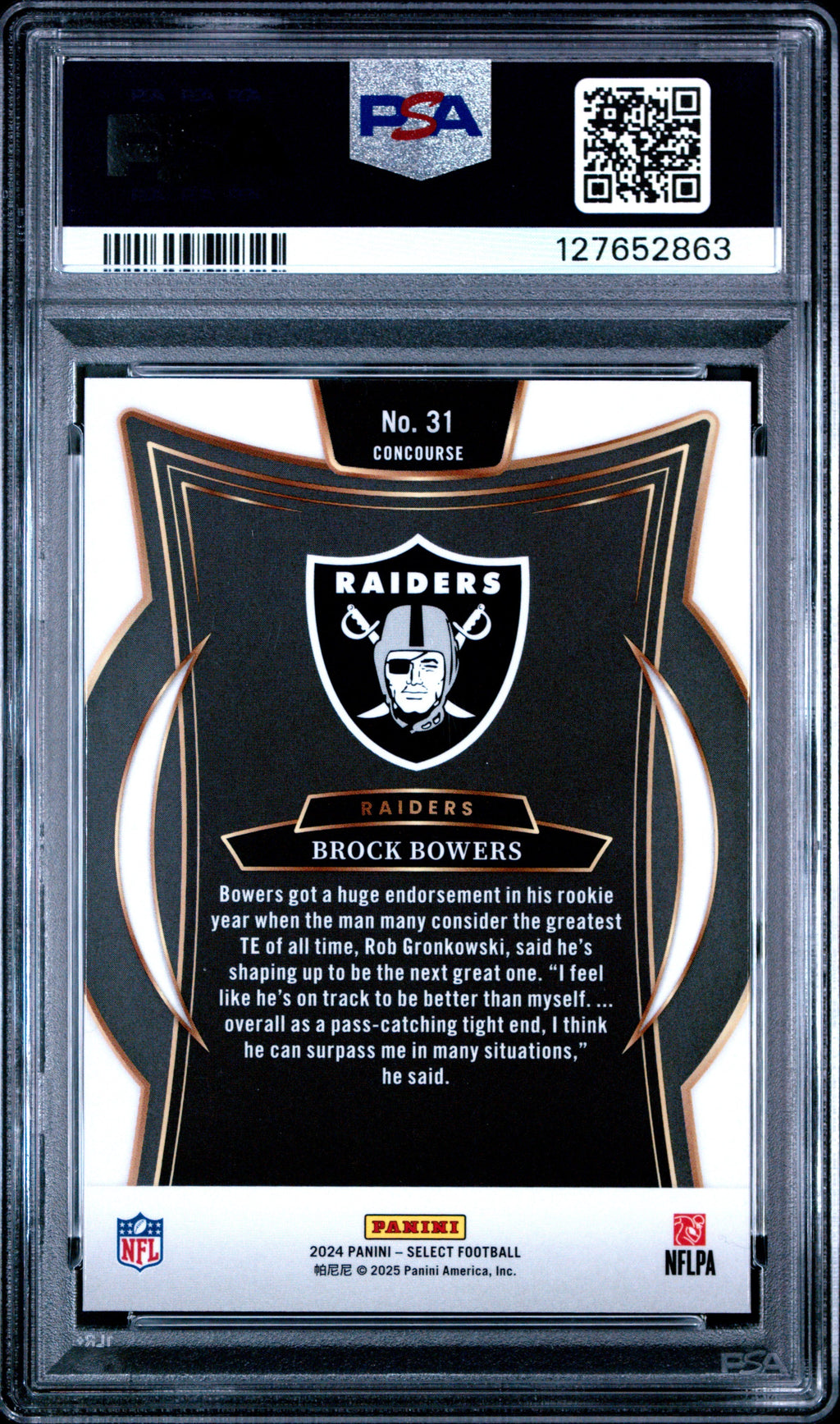 Graded 2024 Panini Select Brock Bowers #31 Rookie RC Football Card PSA 9 Mint