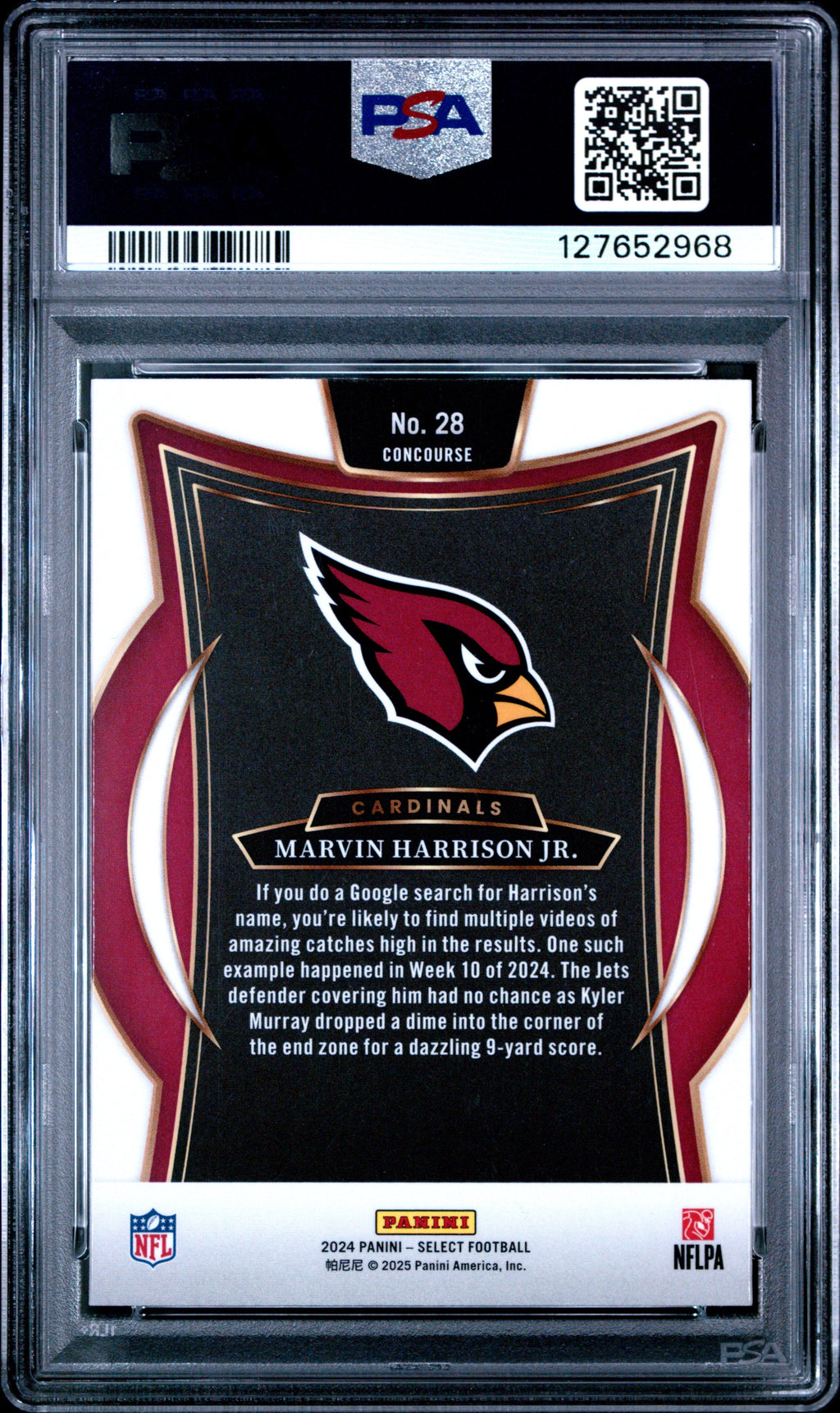 Graded 2024 Panini Select Marvin Harrison Jr. #28 Rookie RC Football Card PSA 9 Mint