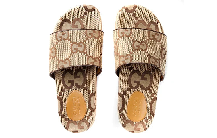 Gucci GG Canvas Camel Monogram Slide Sandals with Platform Sole - Chic Italian Casual Footwear