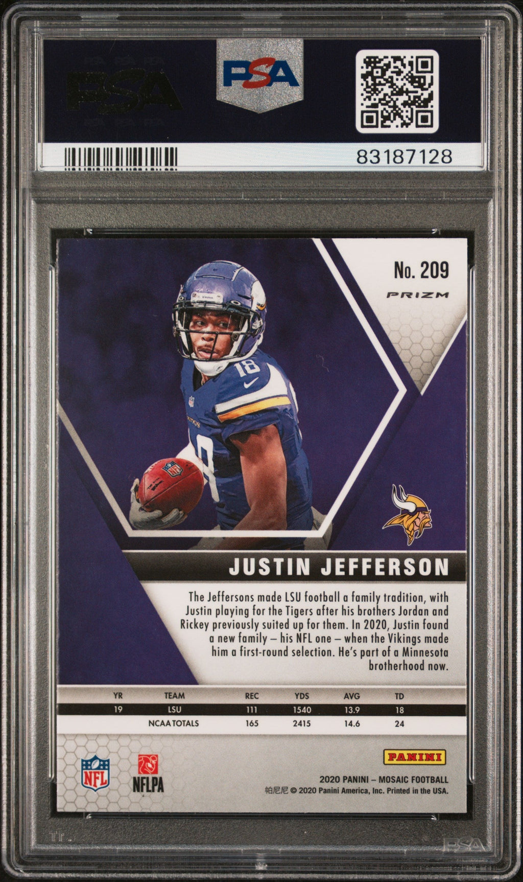 Graded 2020 Panini Mosaic Justin Jefferson #209 Reactive Gold Rookie RC Football Card PSA 10 Gem Mint