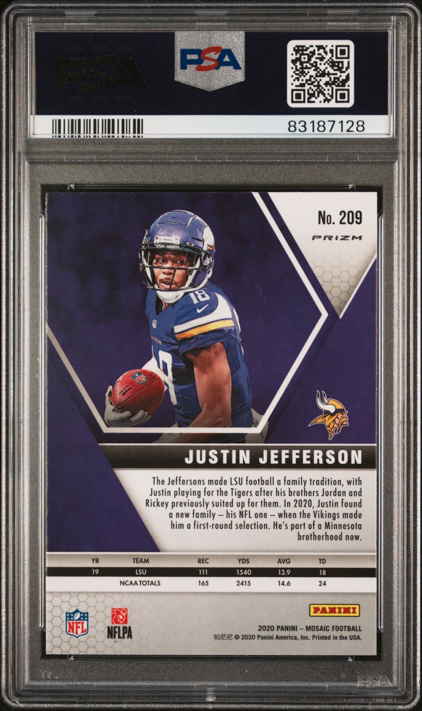 Graded 2020 Panini Mosaic Justin Jefferson #209 Reactive Gold Rookie RC Football Card PSA 10 Gem Mint