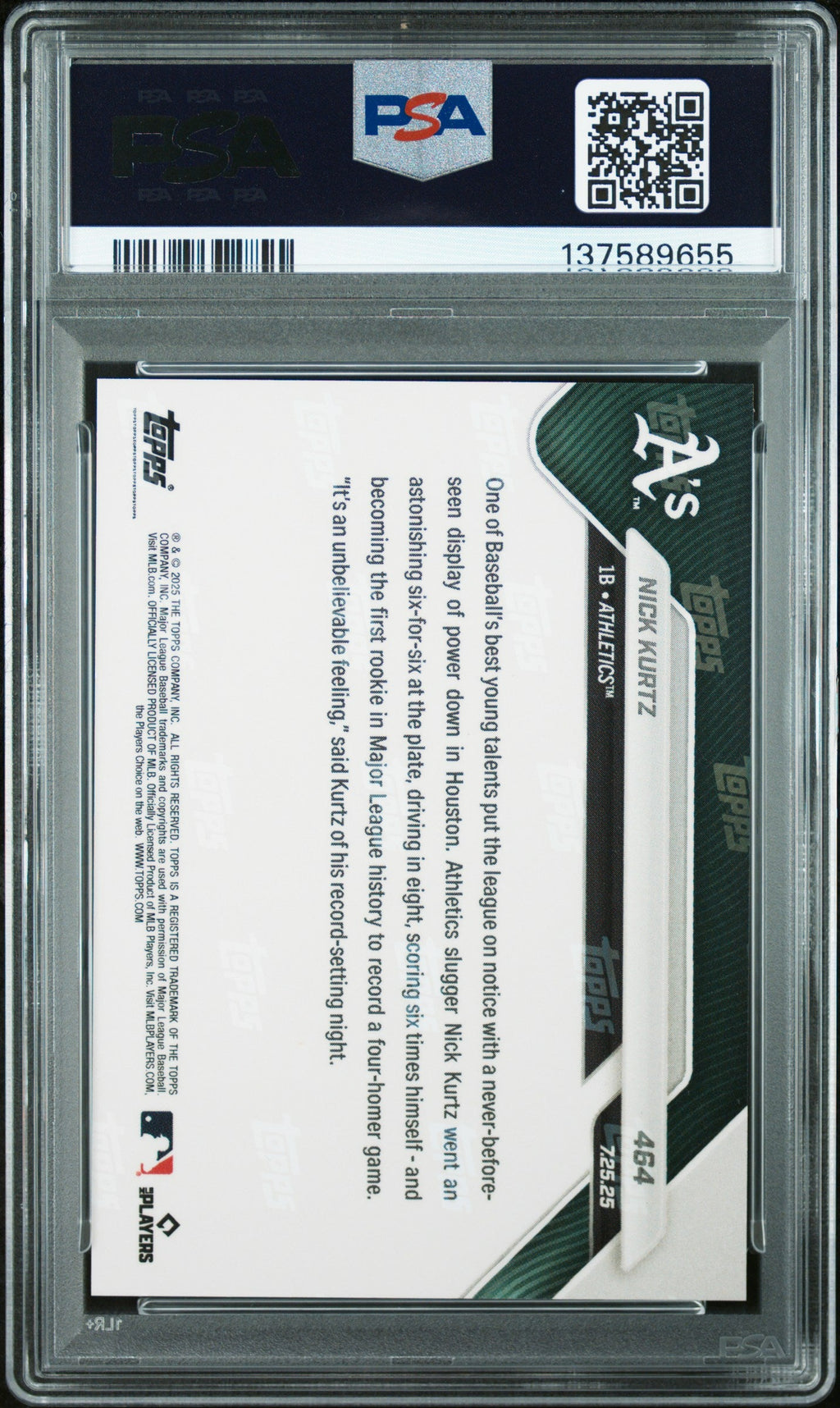 Graded 2025 Topps Now Nick Kurtz #464 Rookie RC Baseball Card PSA 10 Gem Mint