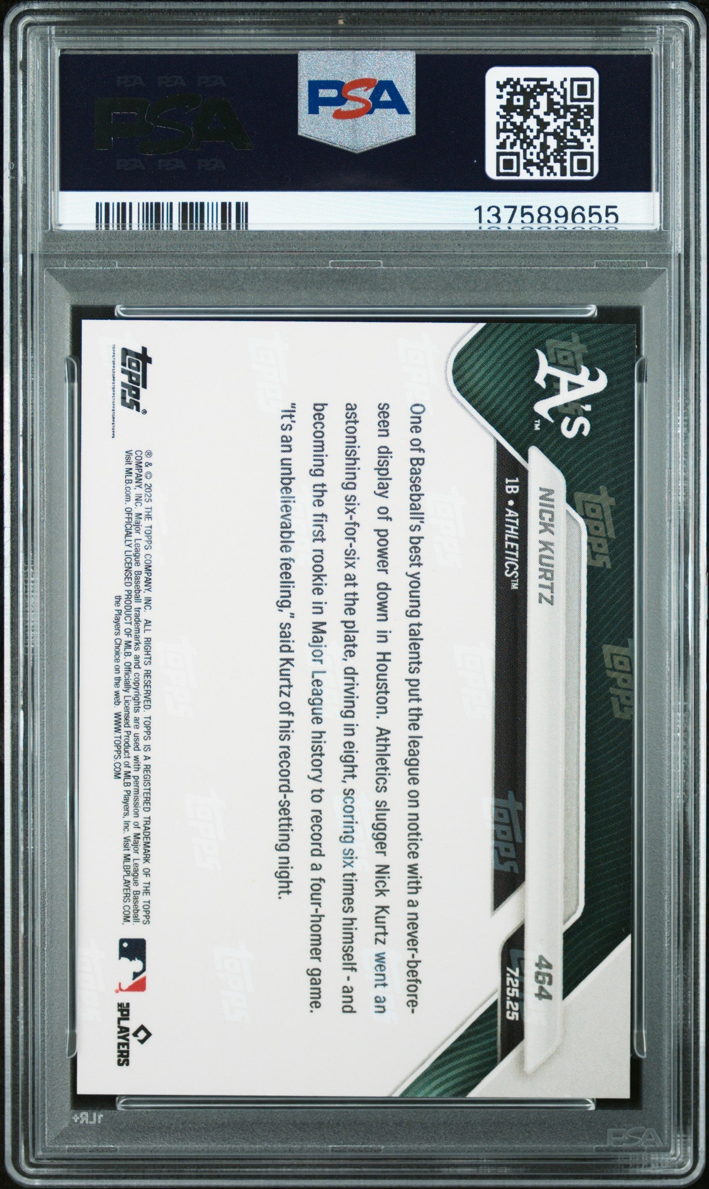 Graded 2025 Topps Now Nick Kurtz #464 Rookie RC Baseball Card PSA 10 Gem Mint