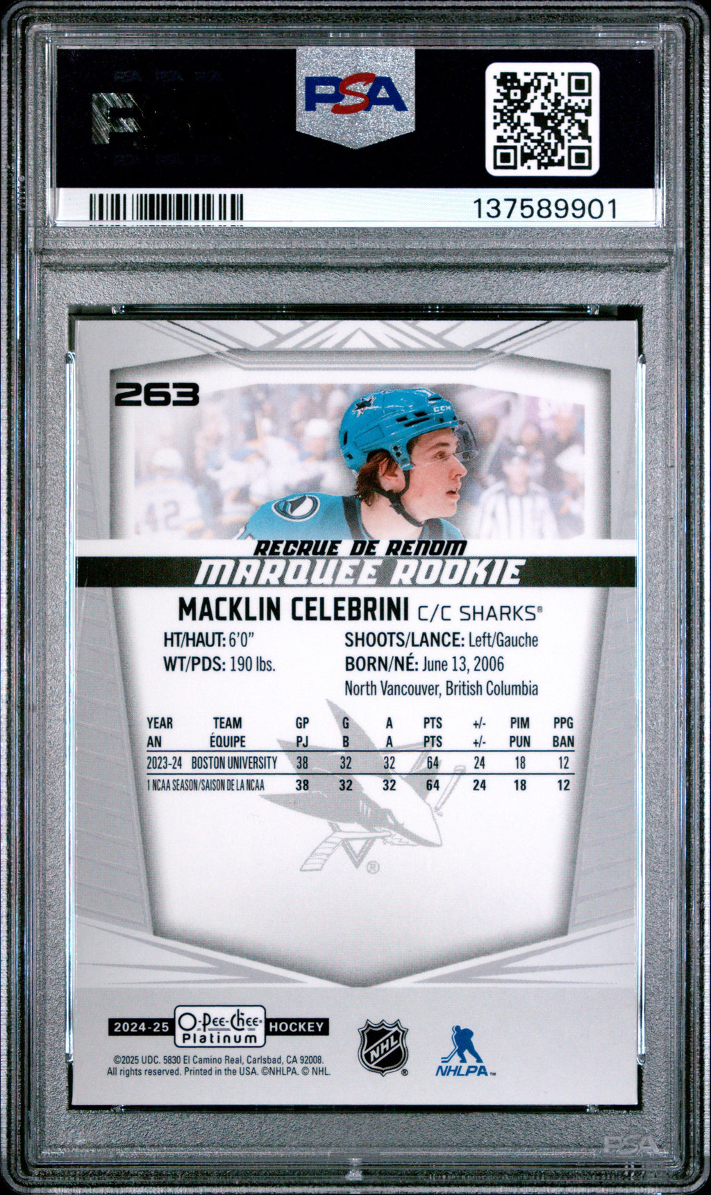 Graded 2024 O-Pee-Chee Platinum Macklin Celebrini #263 Rookie RC Hockey Card PSA 10 Gem Mint