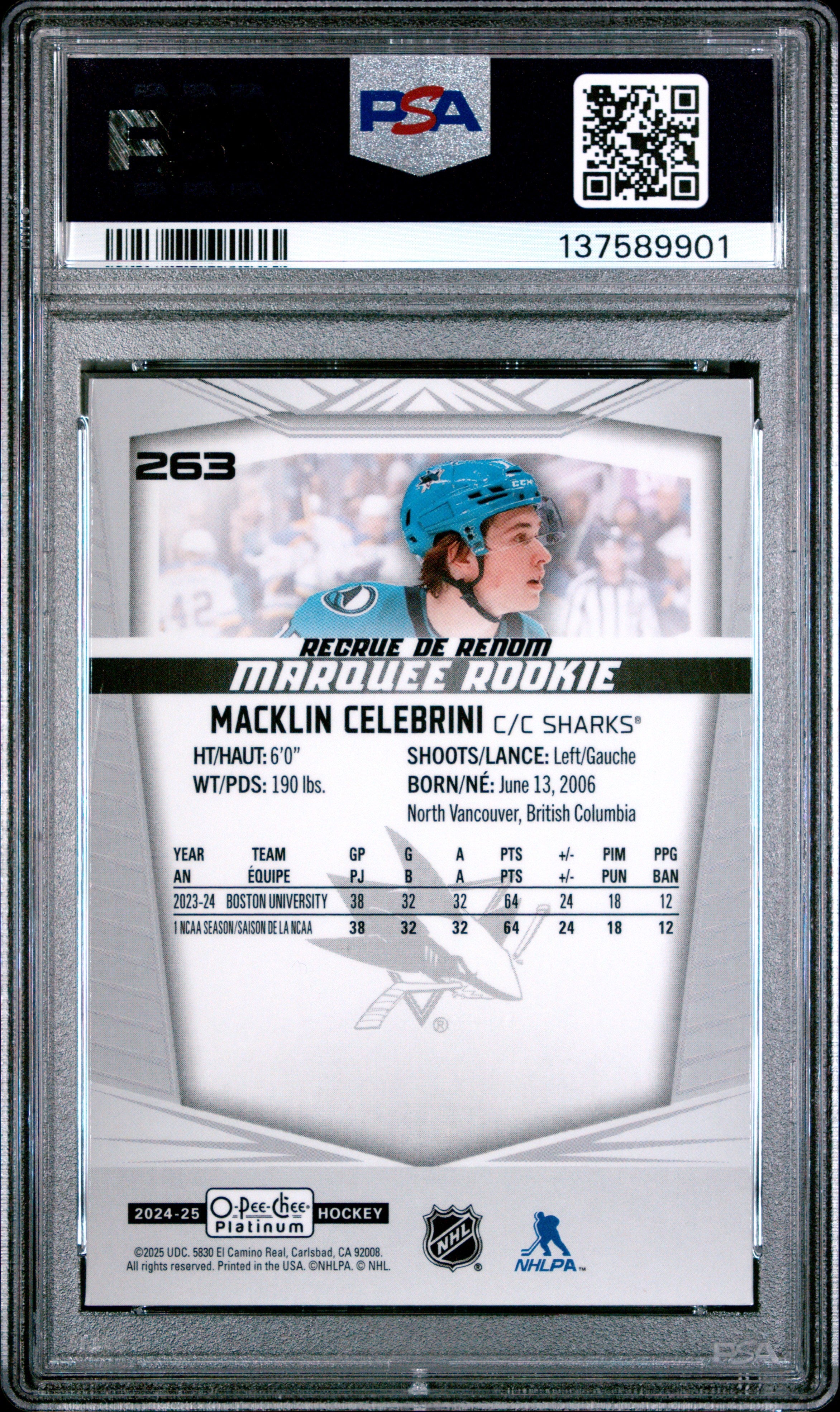 Graded 2024 O-Pee-Chee Platinum Macklin Celebrini #263 Rookie RC Hockey Card PSA 10 Gem Mint