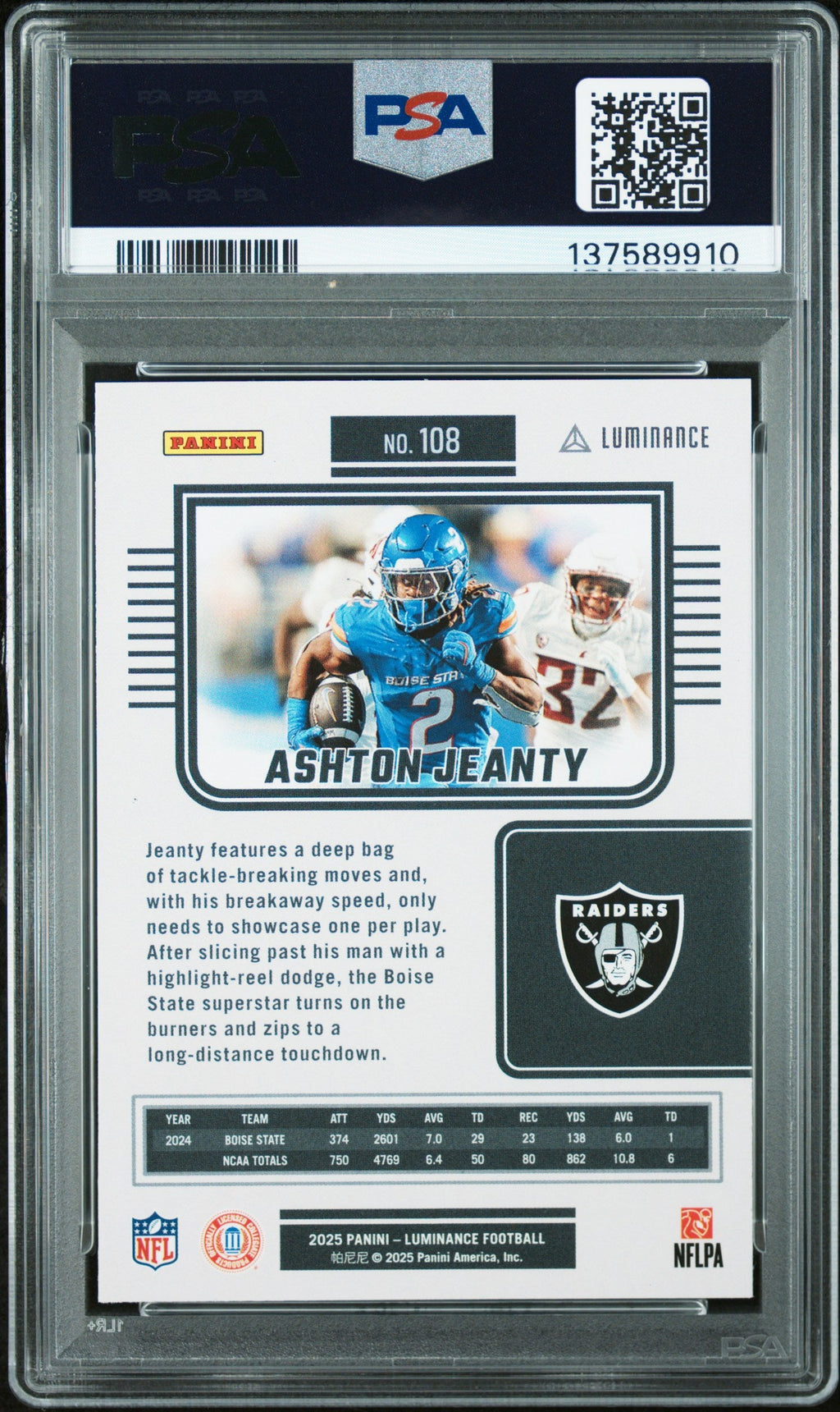 Graded 2025 Panini Luminance Ashton Jeanty #108 Rookie RC Football Card PSA 10 Gem Mint