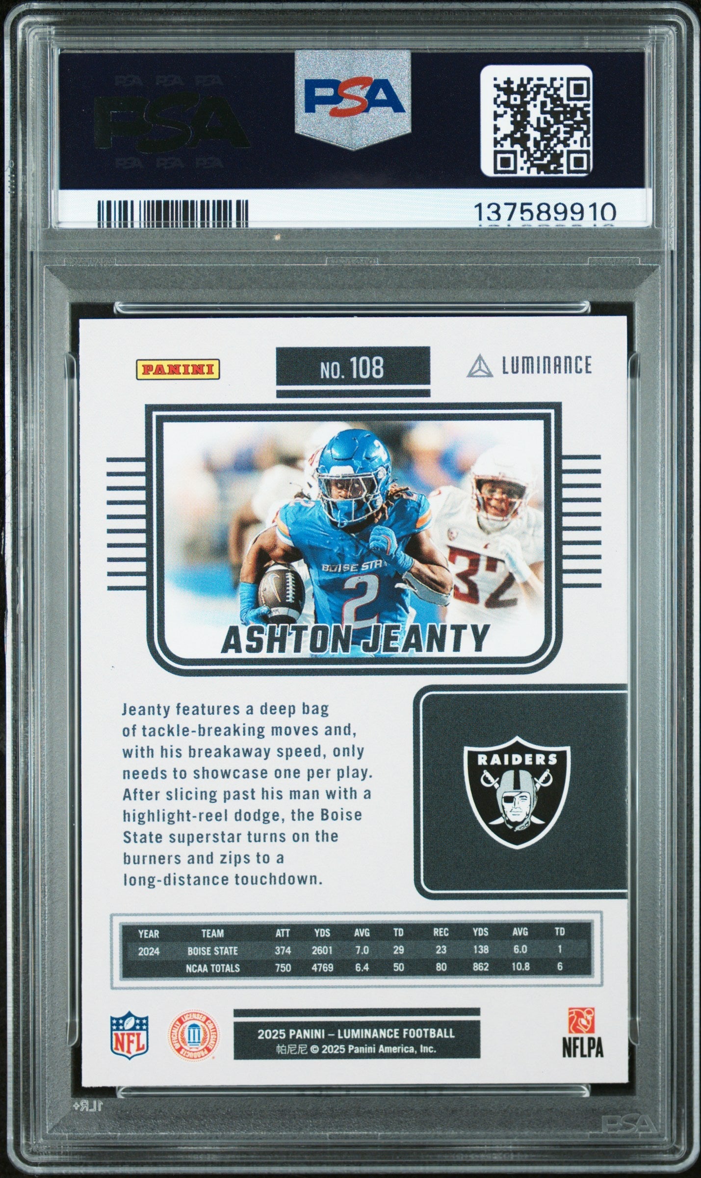 Graded 2025 Panini Luminance Ashton Jeanty #108 Rookie RC Football Card PSA 10 Gem Mint