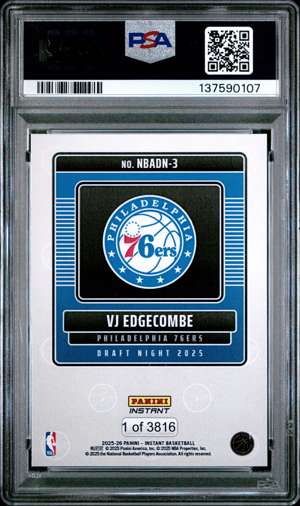 Graded 2025 Panini Instant VJ Edgecombe #3 Draft Night Rookie RC Basketball Card PSA 9 Mint