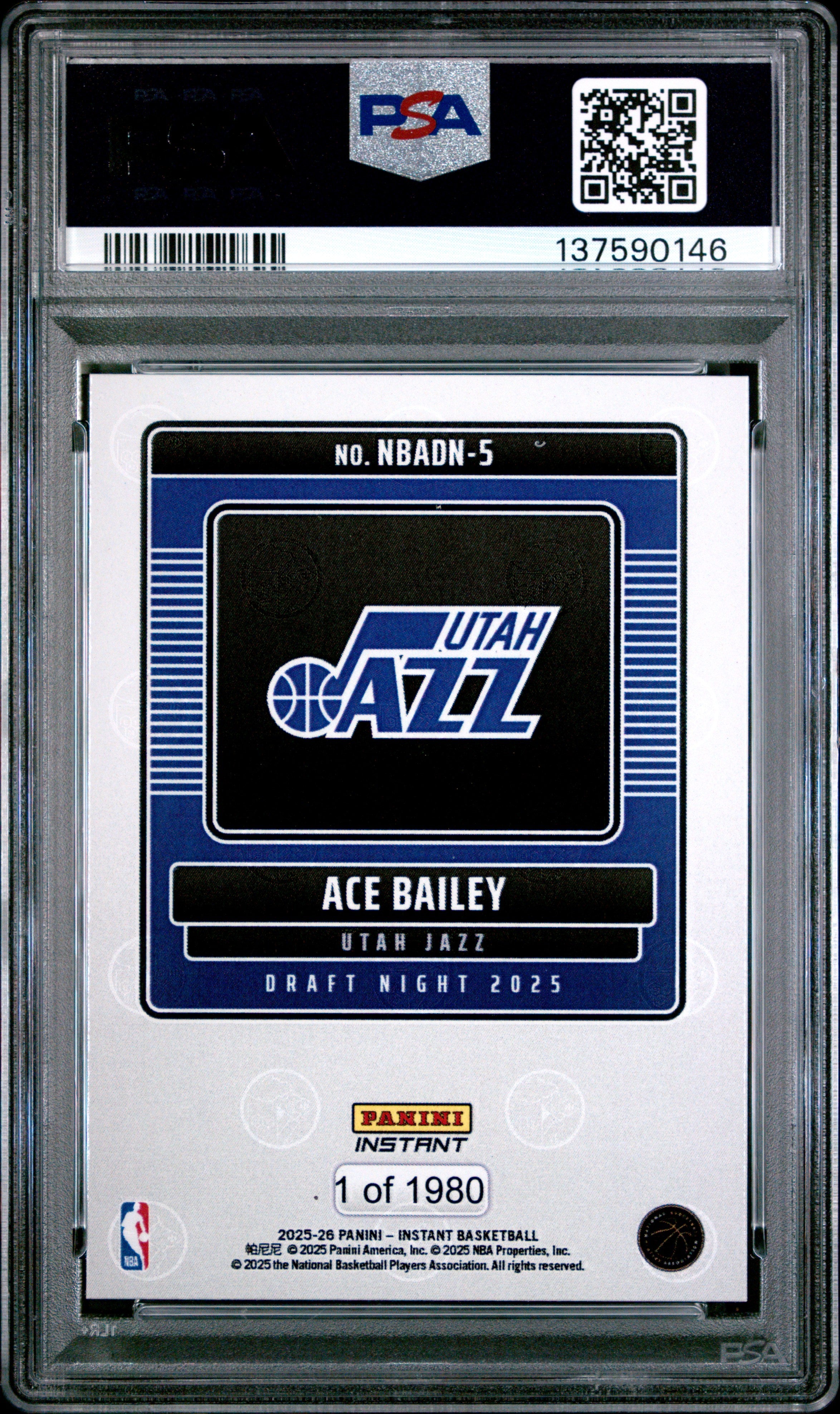 Graded 2025 Panini Instant Ace Bailey #5 Draft Night Rookie RC Basketball Card PSA 9 Mint