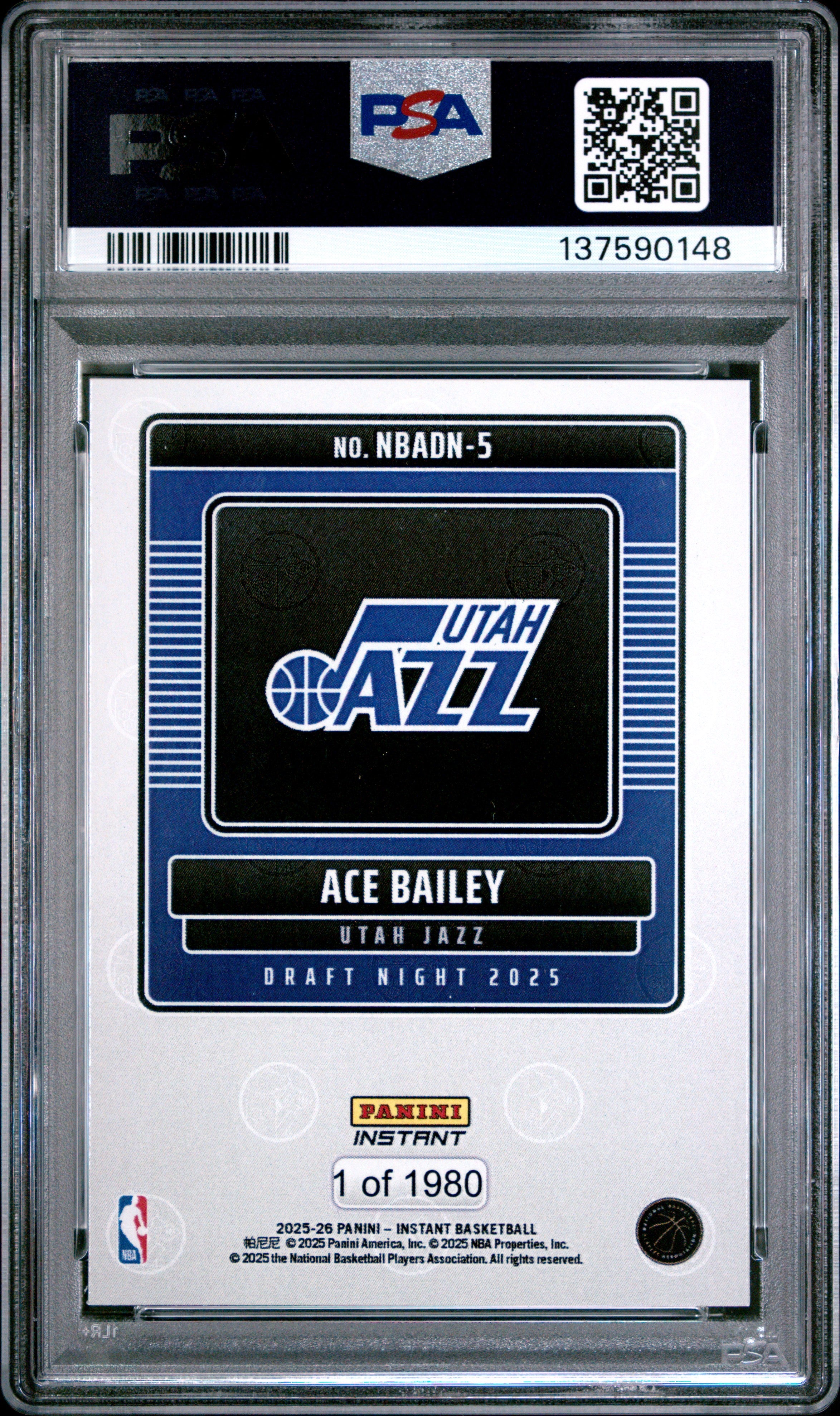 Graded 2025 Panini Instant Ace Bailey #5 Draft Night Rookie RC Basketball Card PSA 8 Near Mint