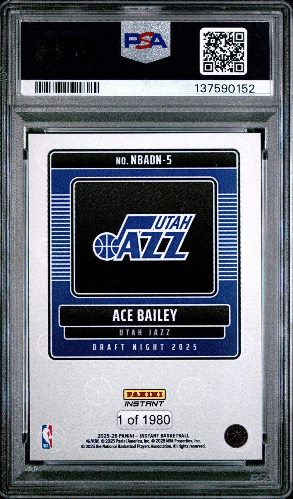 Graded 2025 Panini Instant Ace Bailey #5 Draft Night Rookie RC Basketball Card PSA 10 Gem Mint