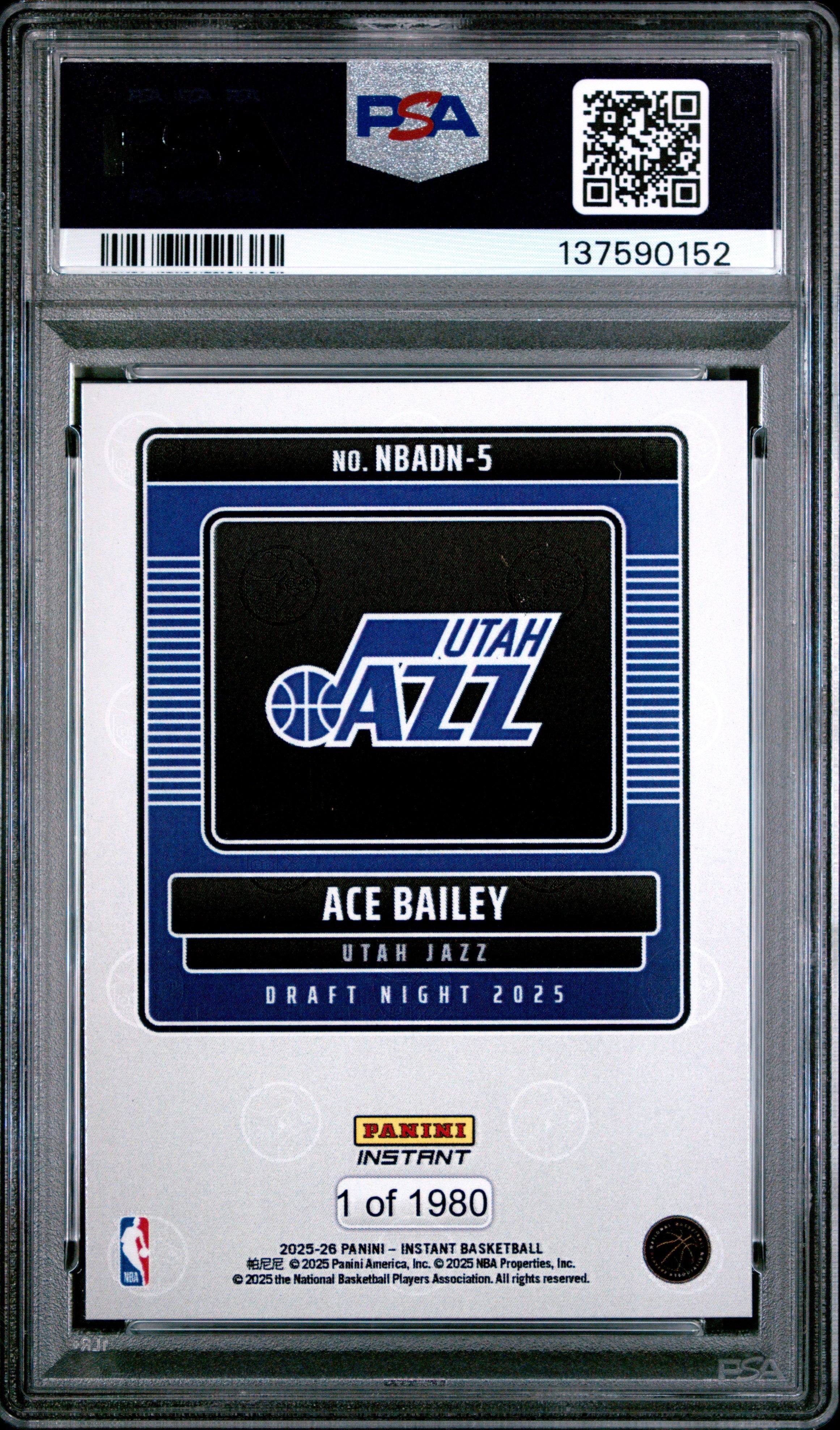 Graded 2025 Panini Instant Ace Bailey #5 Draft Night Rookie RC Basketball Card PSA 10 Gem Mint