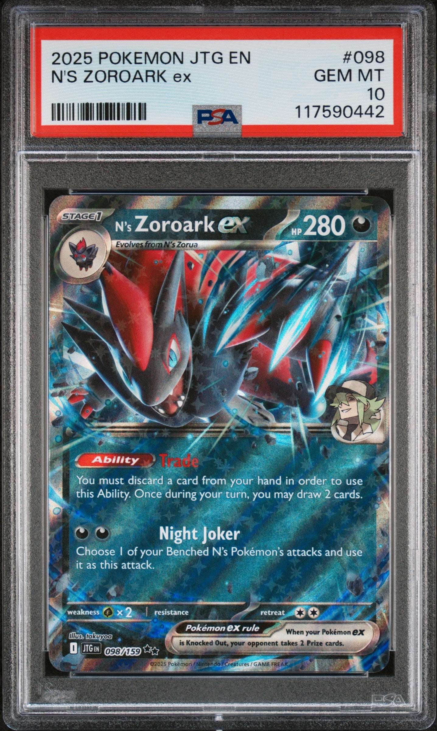 Graded 2025 PKM Jtg En-Journey Together #098 N's Zoroark Ex Trading Card Game PSA 10 Gem Mint