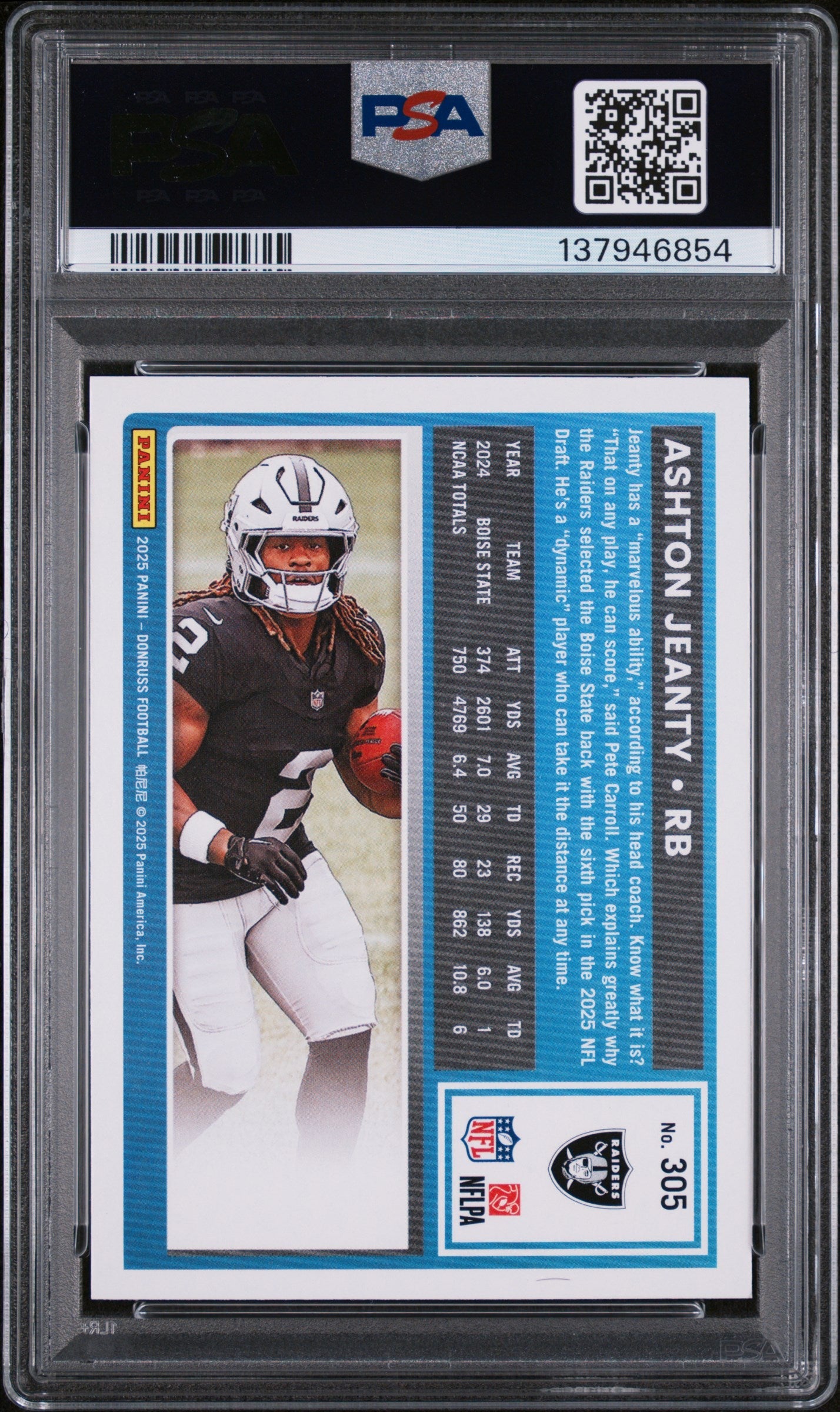 Graded 2025 Panini Donruss Ashton Jeanty #305 Rookie RC Football Card PSA 9 Mint