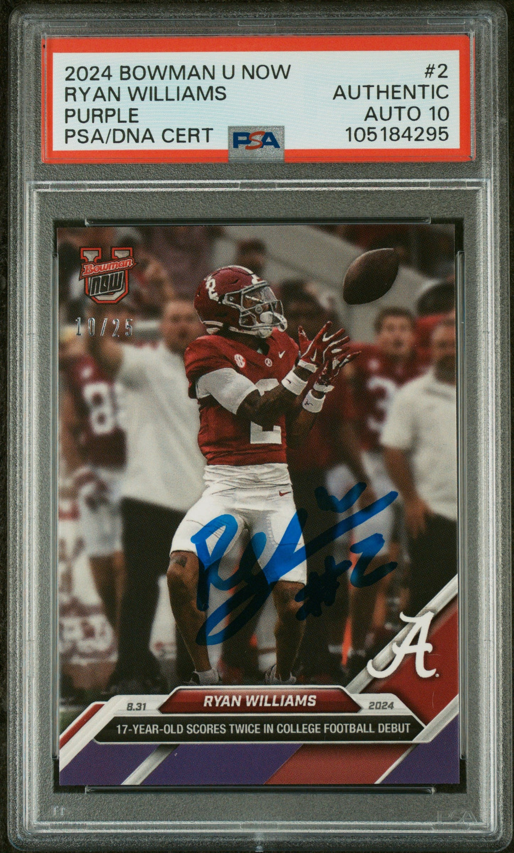 Graded 2024 Topps Bowman U Now Ryan Williams #2 Purple /25 Rookie RC Football Card PSA 10 Auto Grade Gem Mint