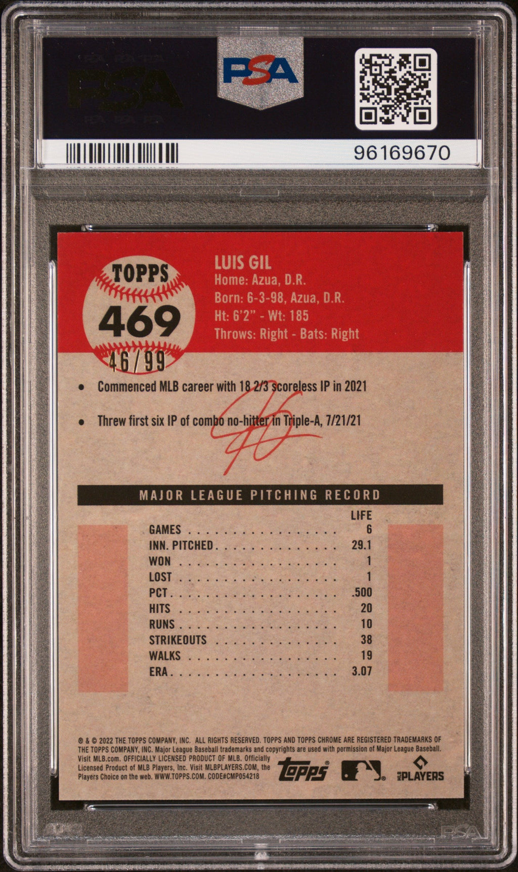 Graded 2022 Topps Platinum Anniversary Luis Gil #469 Green Wave Refractor /99 Rookie RC Baseball Card PSA 10 Gem Mint